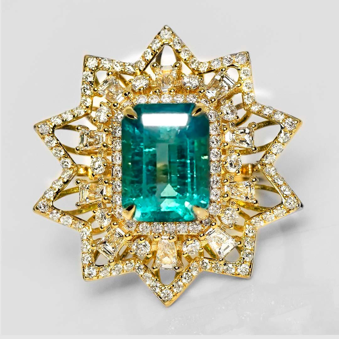 *IGI 18K 4.85 Ct Natural Paraiba Emerald&Diamonds Antique Engagement Ring* (Bague de fiançailles ancienne)

Une émeraude naturelle certifiée IGI de couleur Paraiba bleu-vert vif pesant 4,85 ct est sertie sur le bracelet en or jaune 18 carats de