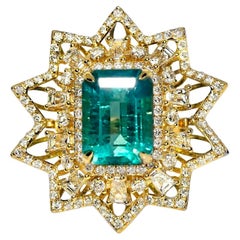 IGI 18K 8.34 Ct Natural Paraiba Emerald&Diamonds Antique Engagement Ring