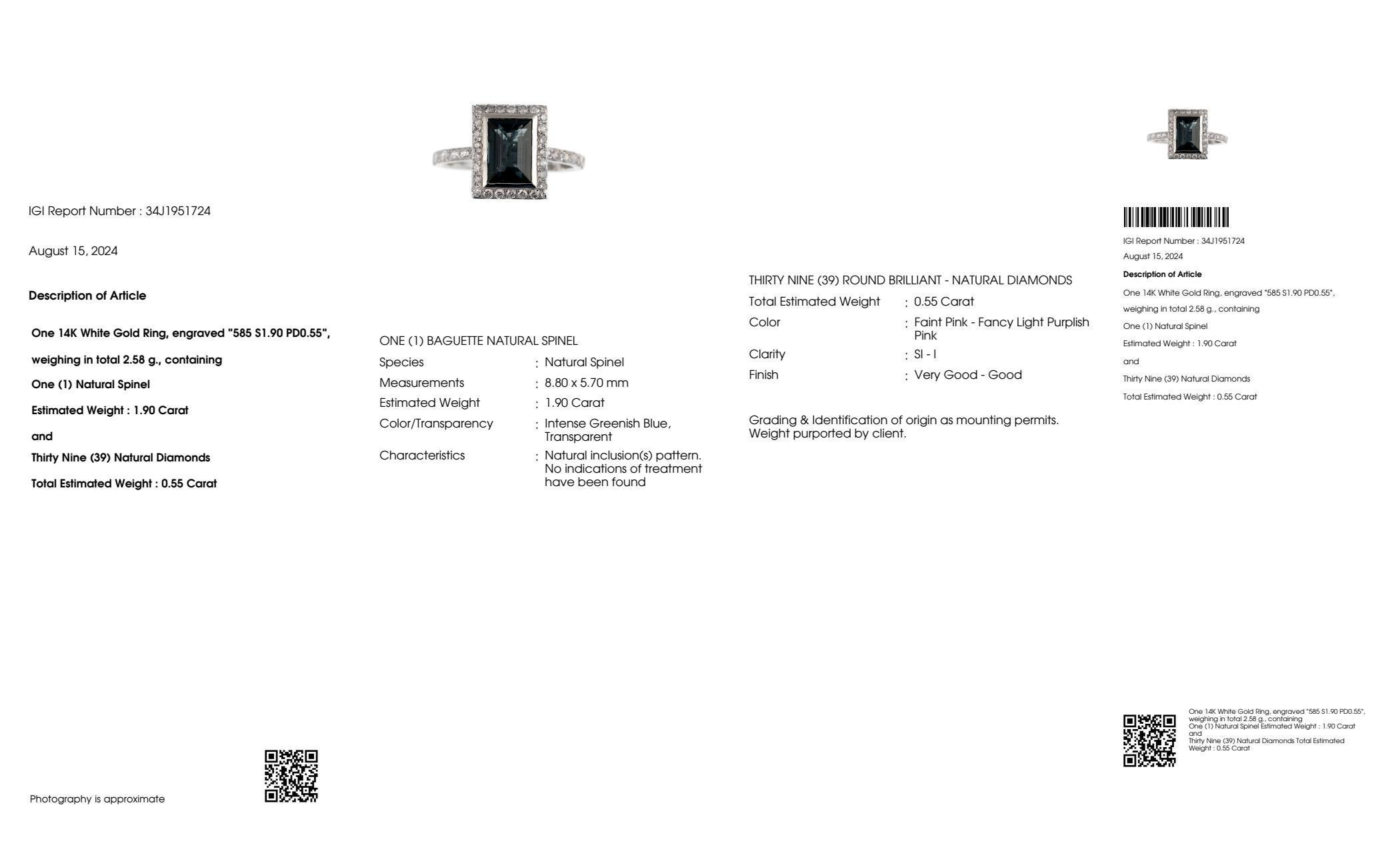 Contemporary IGI 1.90 Ct 14K White Gold Peacock Spinel&Pink Diamonds Engagement Ring For Sale