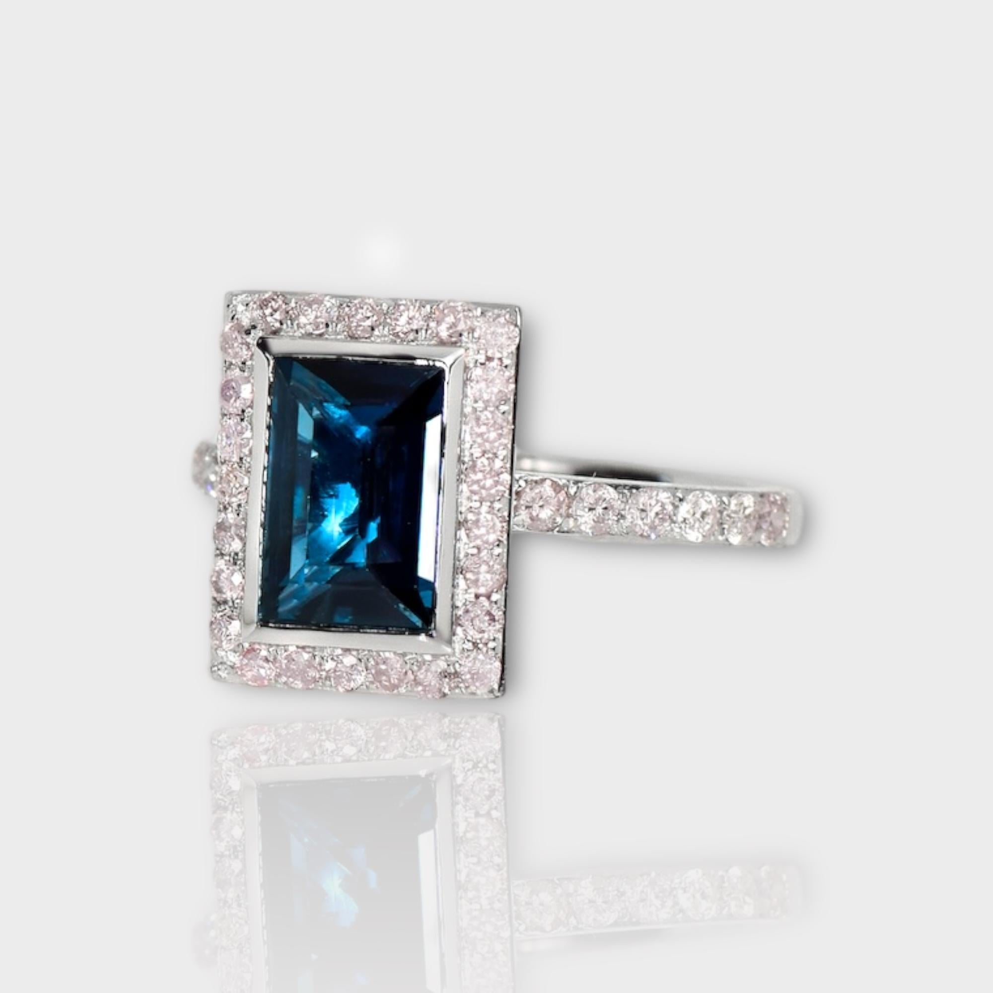 Baguette Cut IGI 1.90 Ct 14K White Gold Peacock Spinel&Pink Diamonds Engagement Ring For Sale