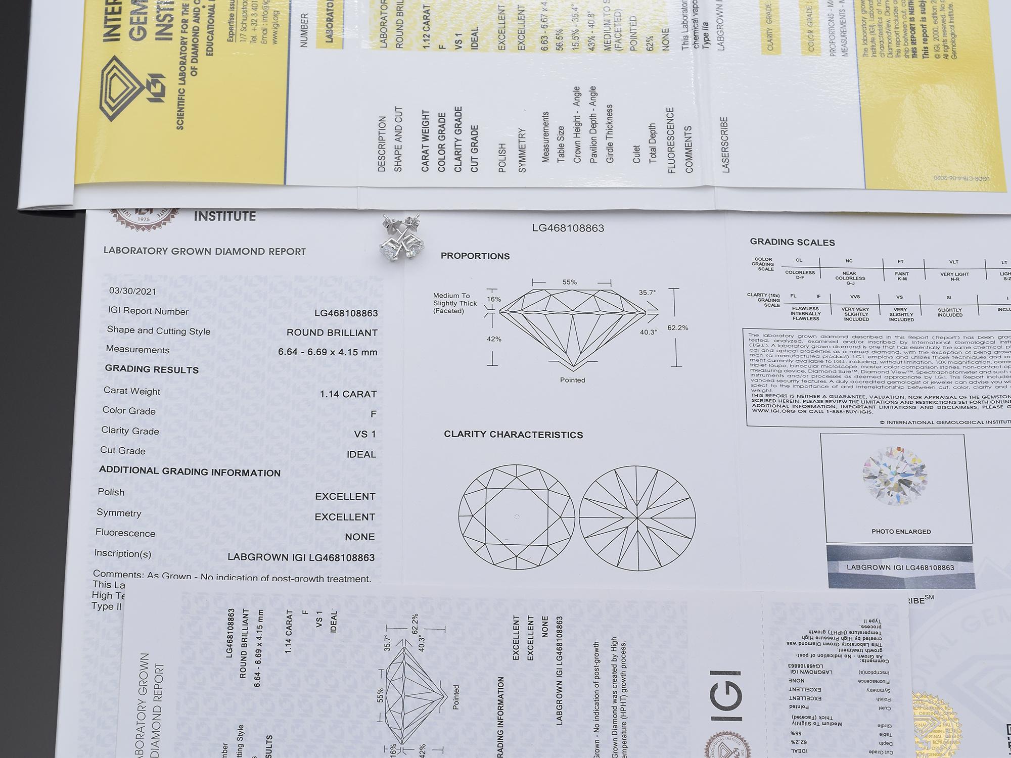 IGI 2,26TCW runder Brillant Labor erstellt Diamant Gold Ohrstecker F VS1 2