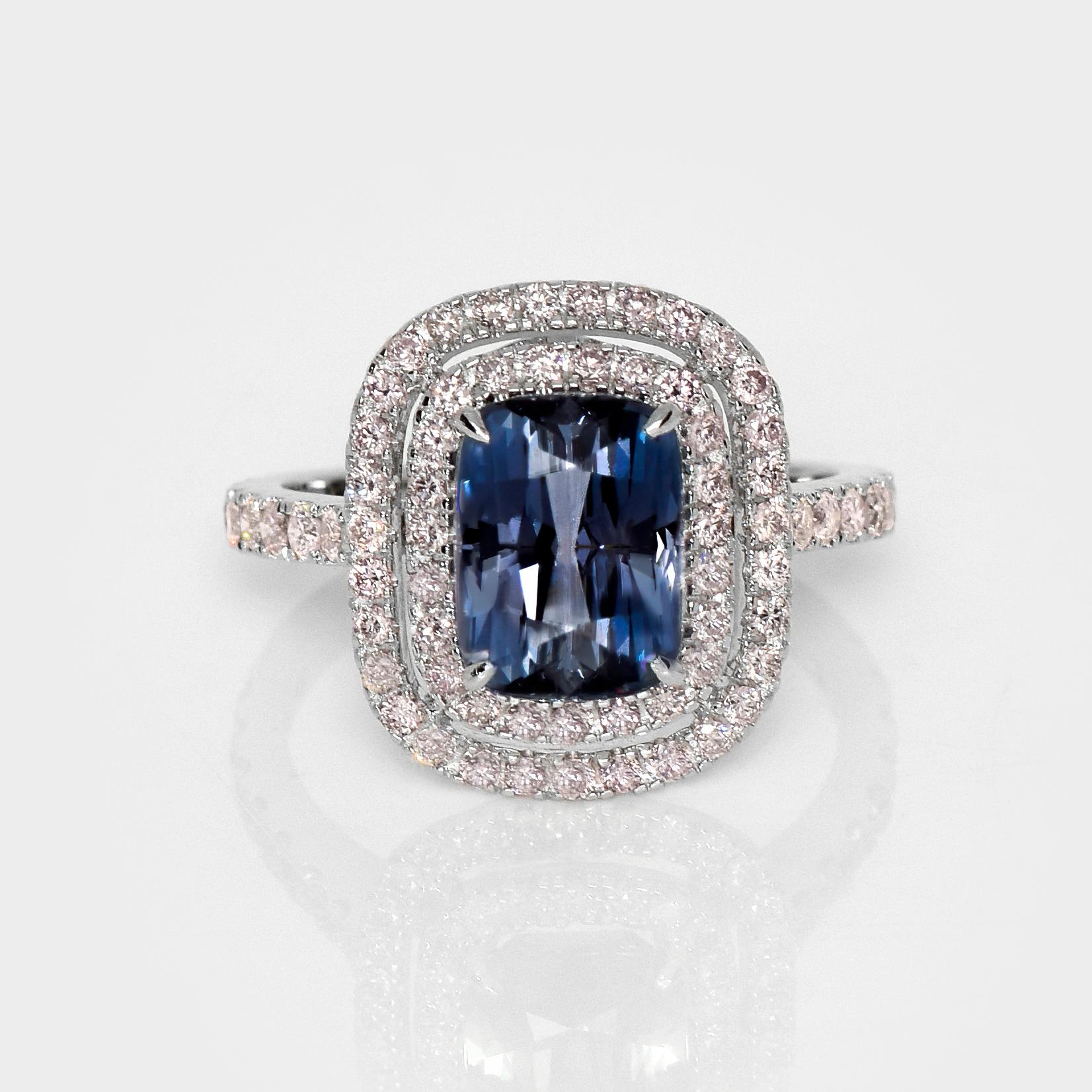 *IGI 18K 2.46 Ct Titan Spinel&Pink Diamonds Antique Engagement Ring*

IGI-certified natural untreated intense greyish-blue spinel weighing 2.46 ct set on 18K white gold pave' design band with natural pink diamonds weighing 0.85 ct.  

The ring
