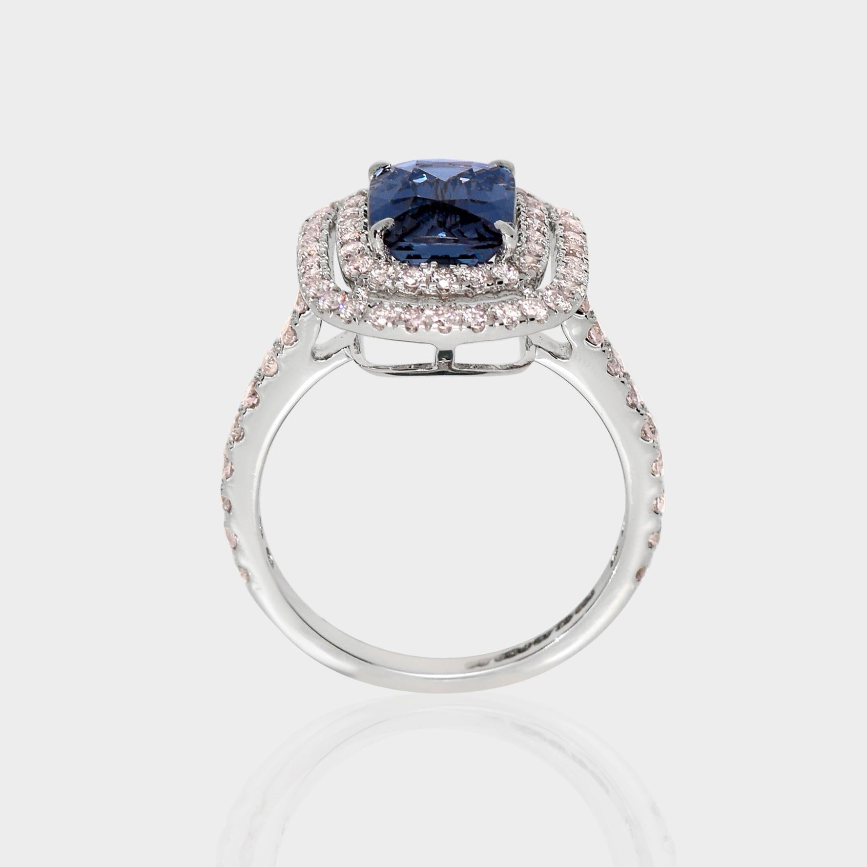 IGI 2.46 Ct 18K White Gold Titan Spinel&Pink Diamonds Antique Engagement Ring In New Condition For Sale In Kaohsiung City, TW