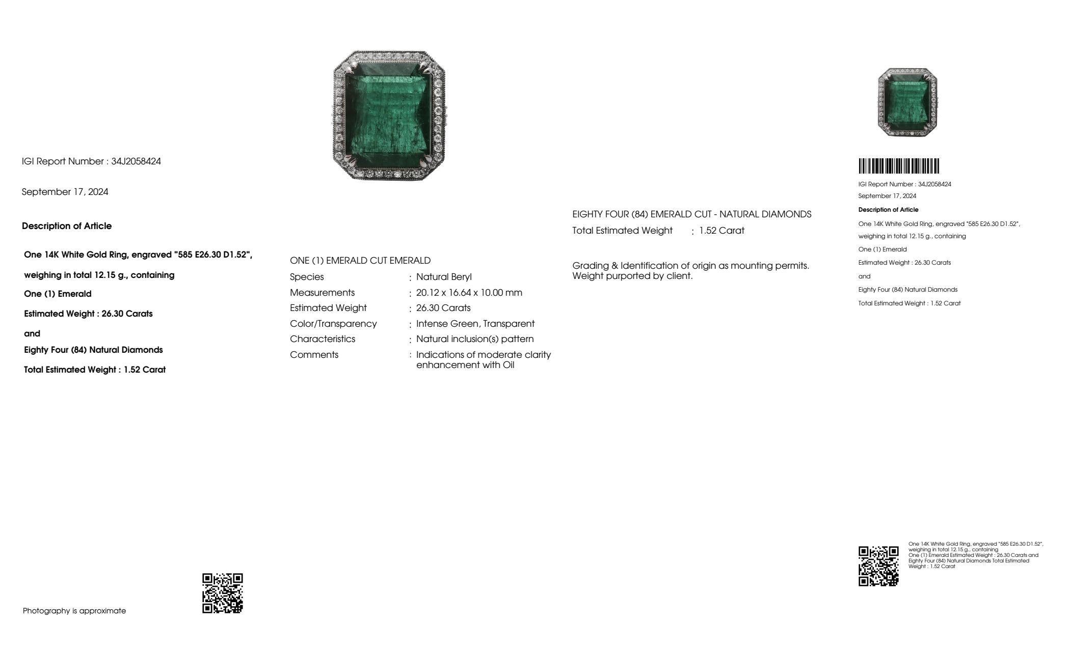 Contemporary IGI 26.30 Ct 14K White Gold Natural Zambian Emerald&Diamond Engagement Ring For Sale