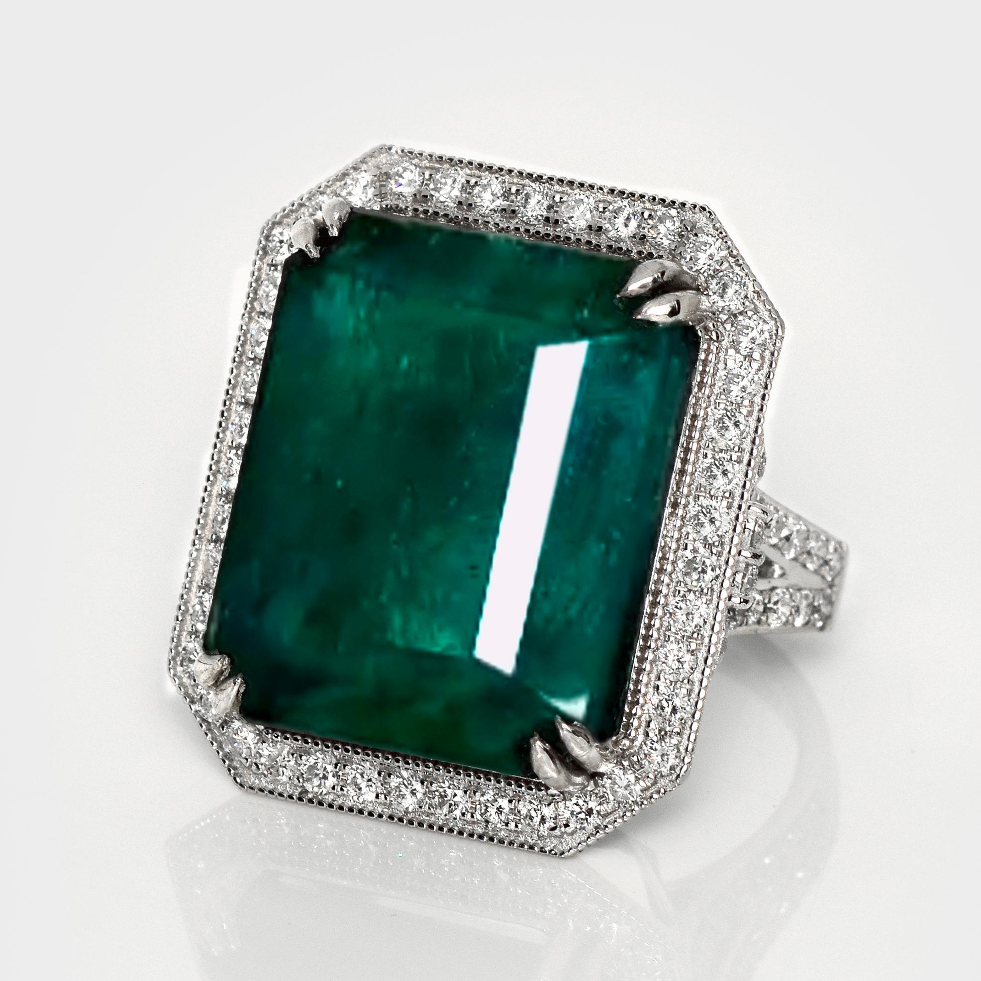 Emerald Cut IGI 26.30 Ct 14K White Gold Natural Zambian Emerald&Diamond Engagement Ring For Sale
