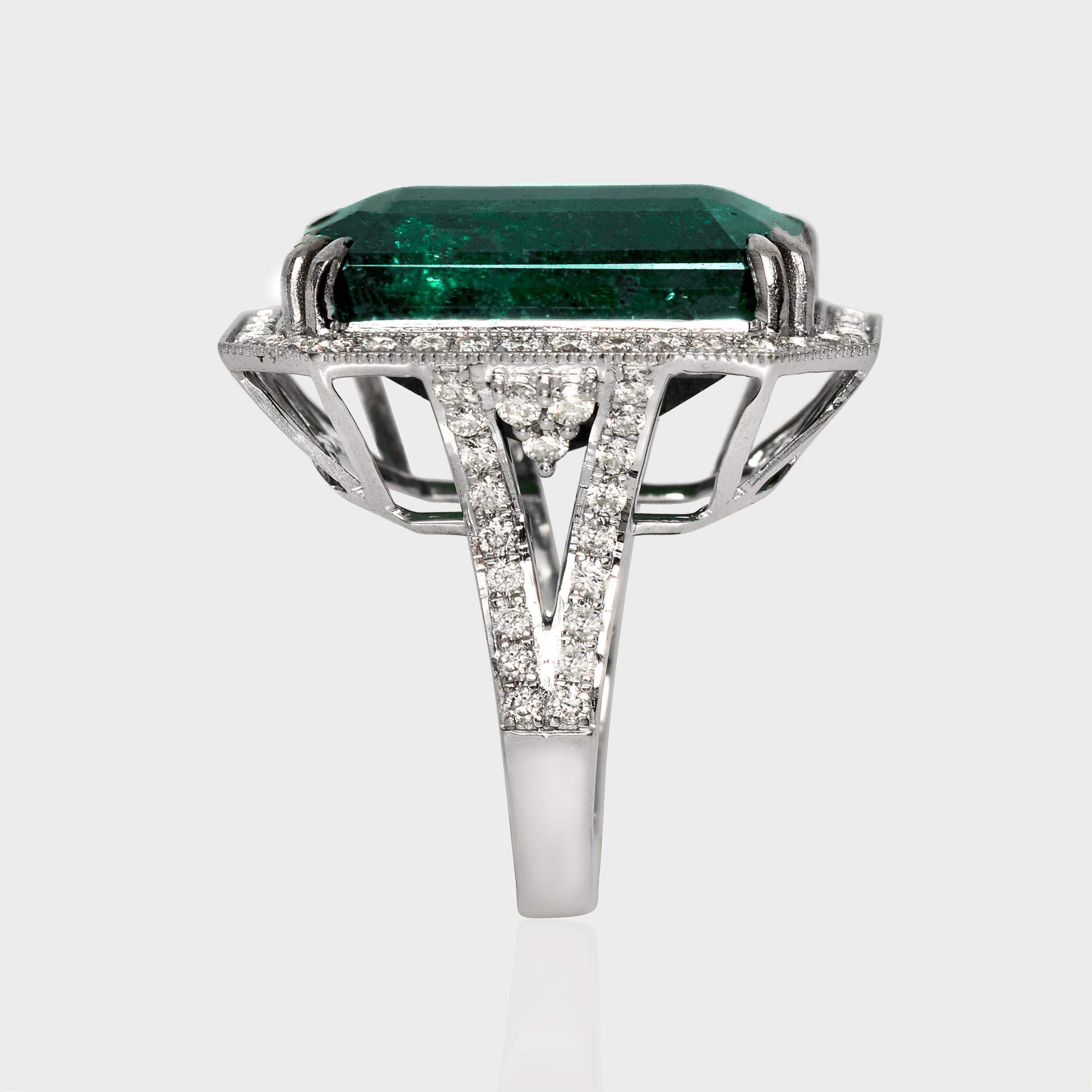 Women's or Men's IGI 26.30 Ct 14K White Gold Natural Zambian Emerald&Diamond Engagement Ring For Sale