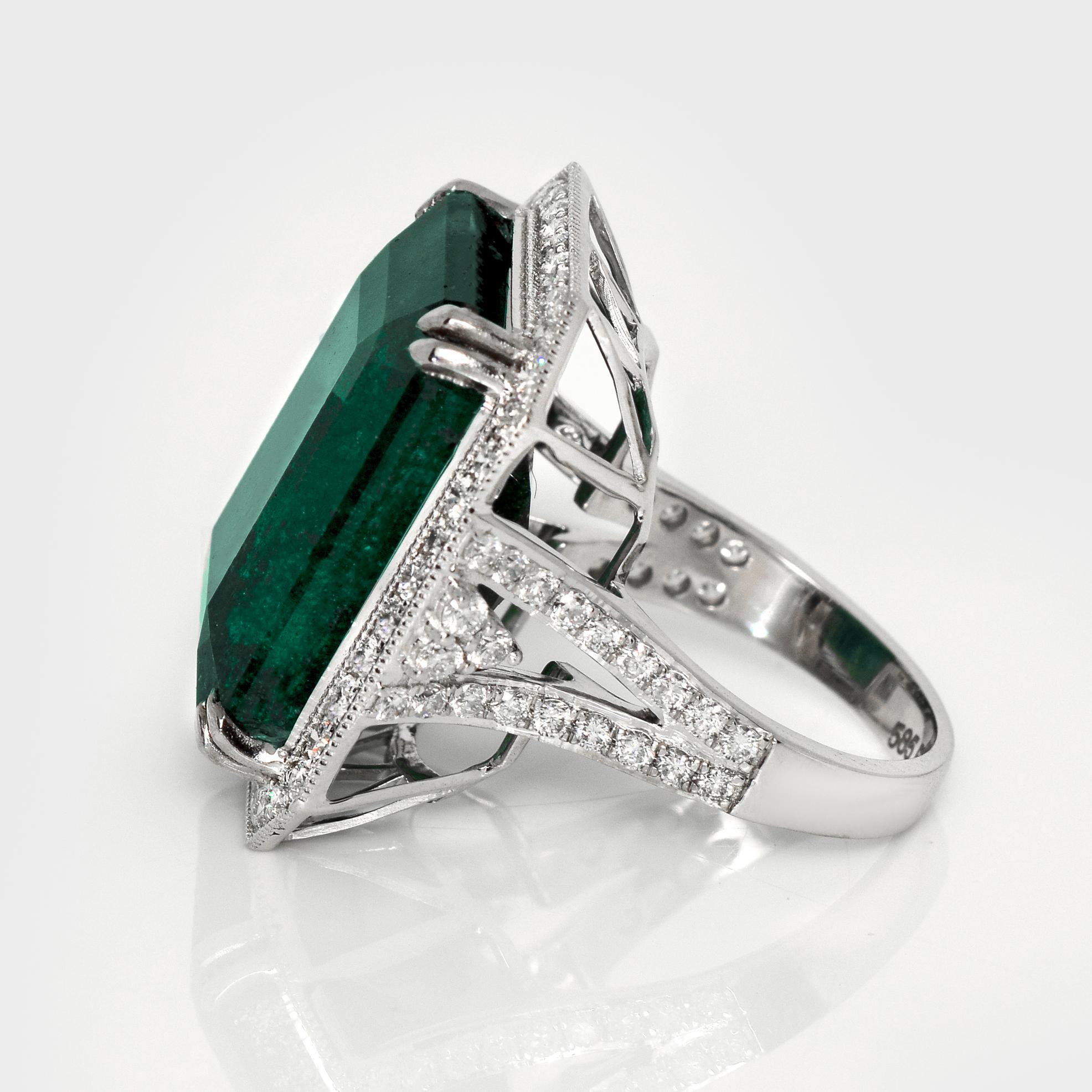 IGI 26.30 Ct 14K White Gold Natural Zambian Emerald&Diamond Engagement Ring For Sale 1
