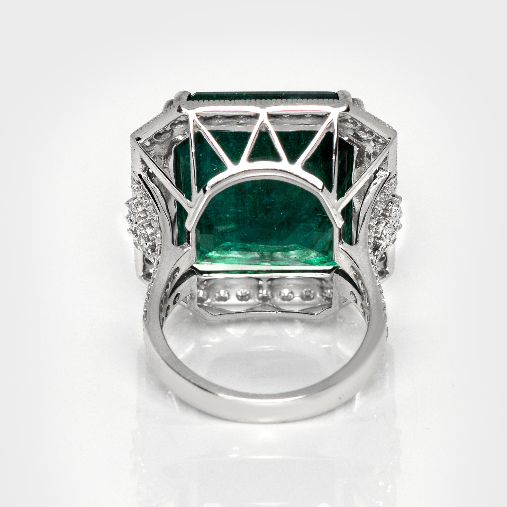 IGI 26.30 Ct 14K White Gold Natural Zambian Emerald&Diamond Engagement Ring For Sale 2