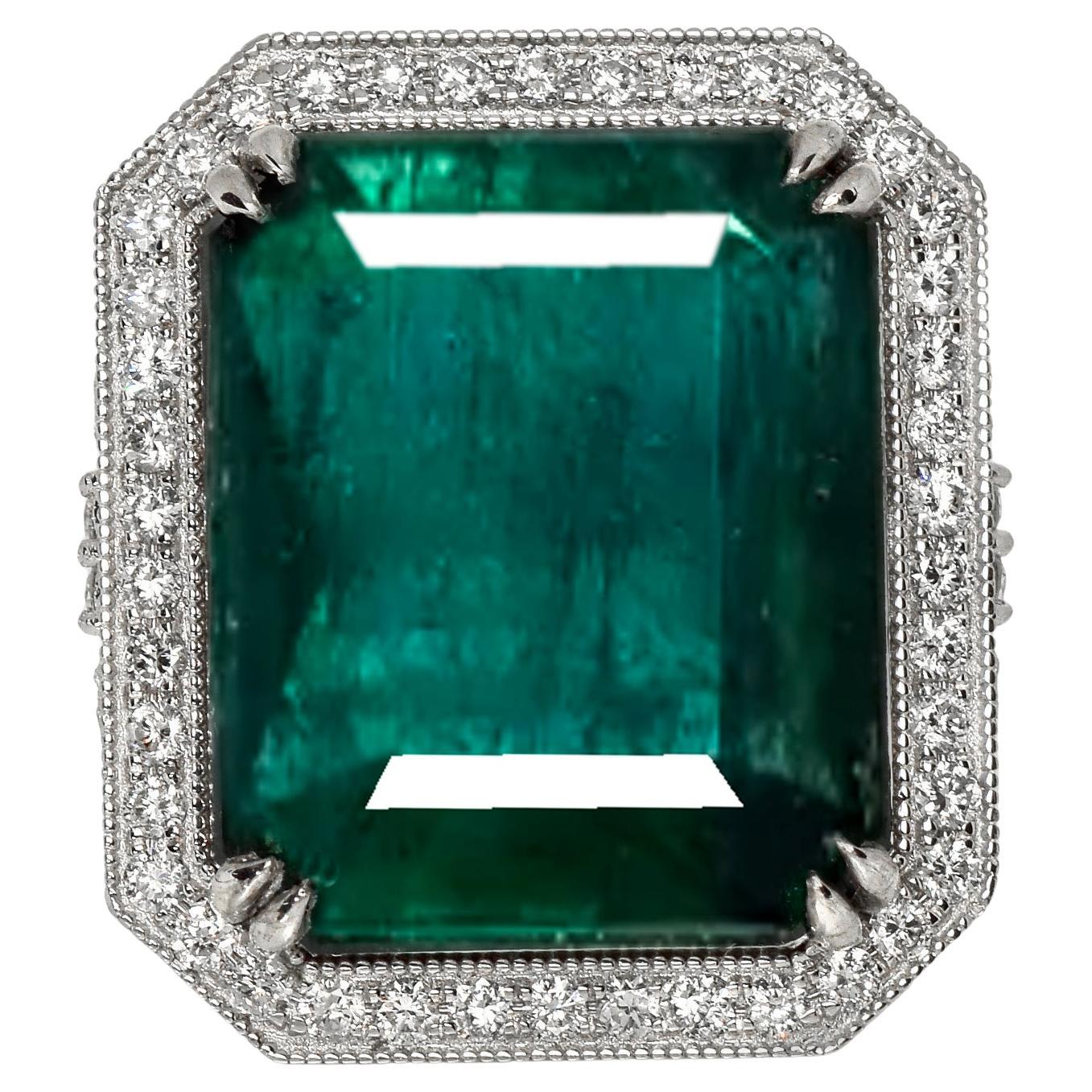IGI 26.30 Ct 14K White Gold Natural Zambian Emerald&Diamond Engagement Ring