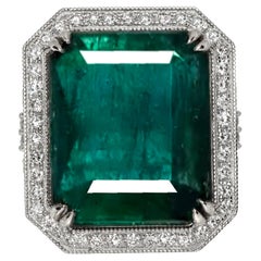 IGI 26.30 Ct 14K White Gold Natural Zambian Emerald&Diamond Engagement Ring