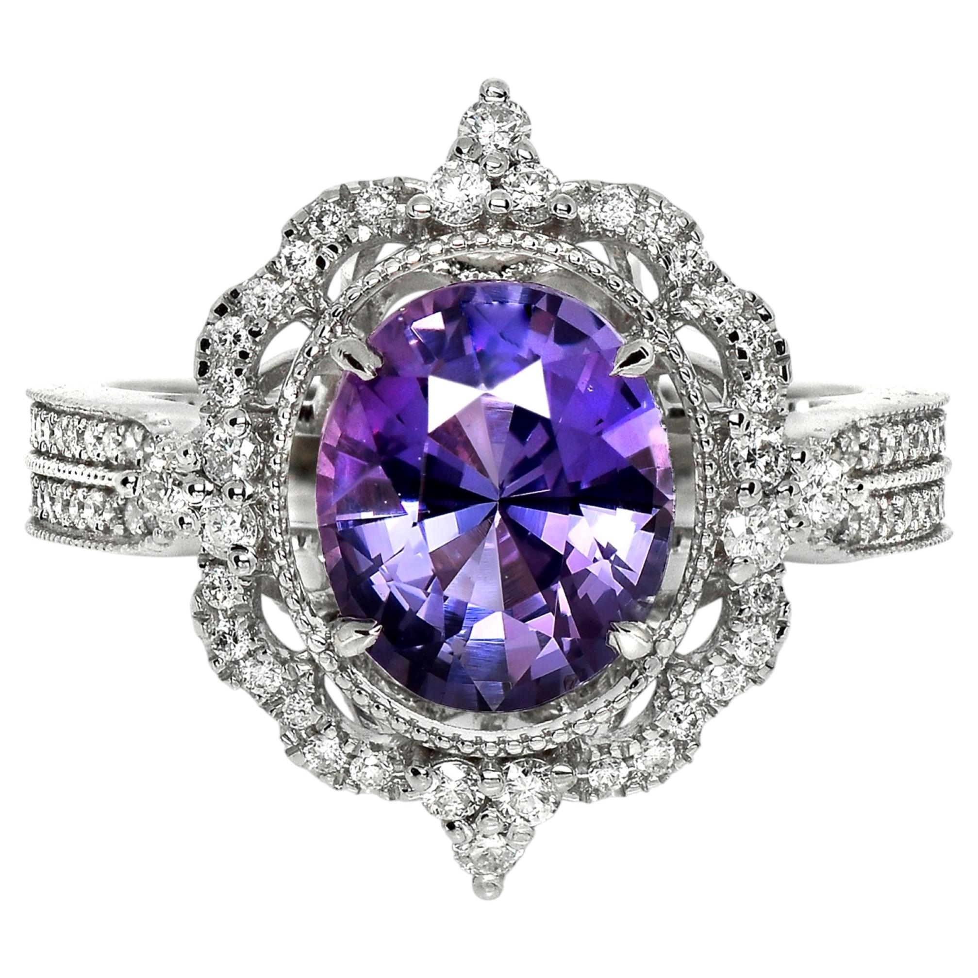 IGI 2.75 Ct 14K White Gold Unheated Vivid Purple Spinel&Diamonds Engagement Ring