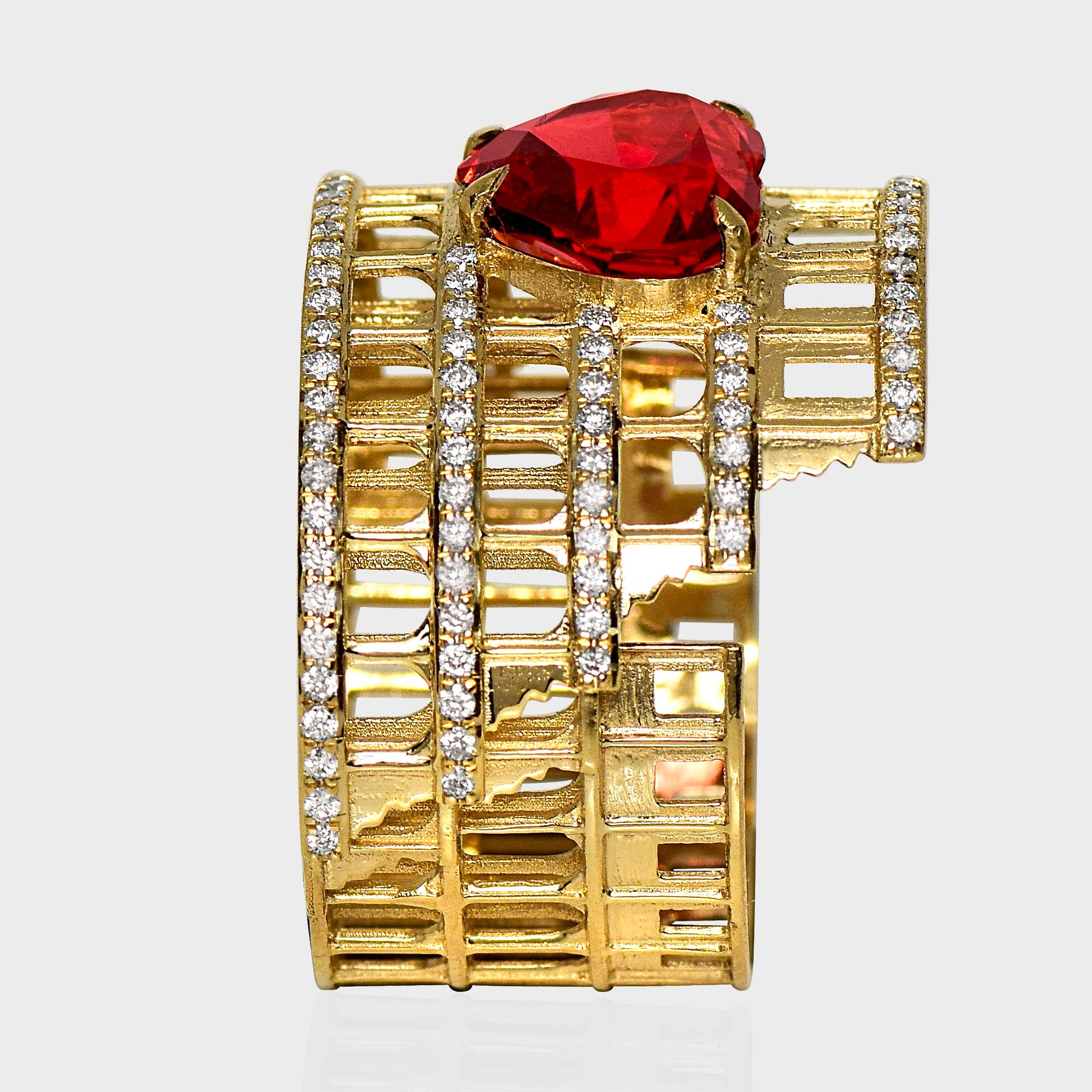 IGI 3,00 ct 14K Gelbgold Lebendiger roter Granat Art Deco Verlobungsring im Angebot 1