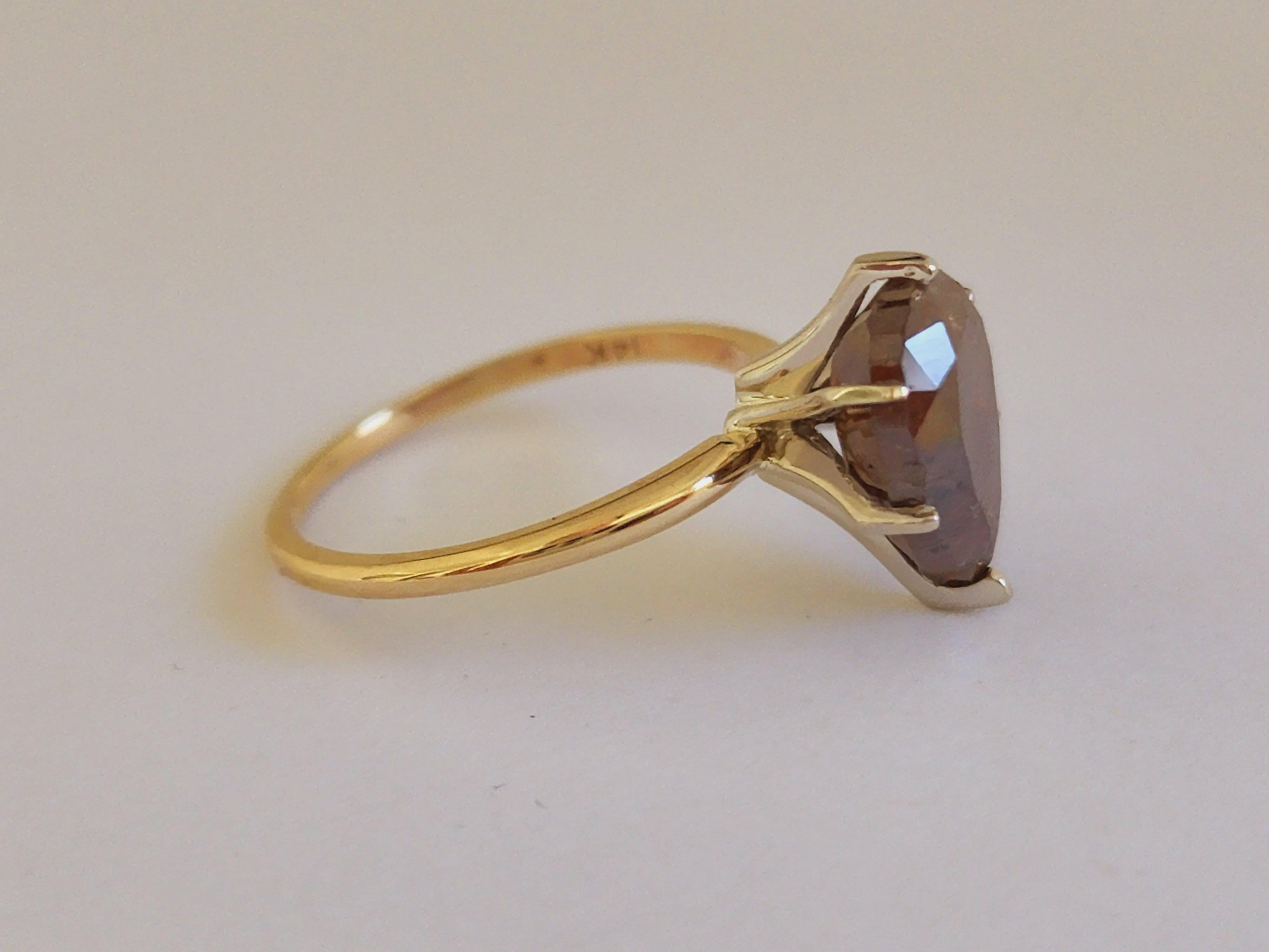 IGI 3.89 Carat Pear Shape Brown Natural Diamond 14 Karat Yellow Gold Ring In New Condition In Great Neck, NY