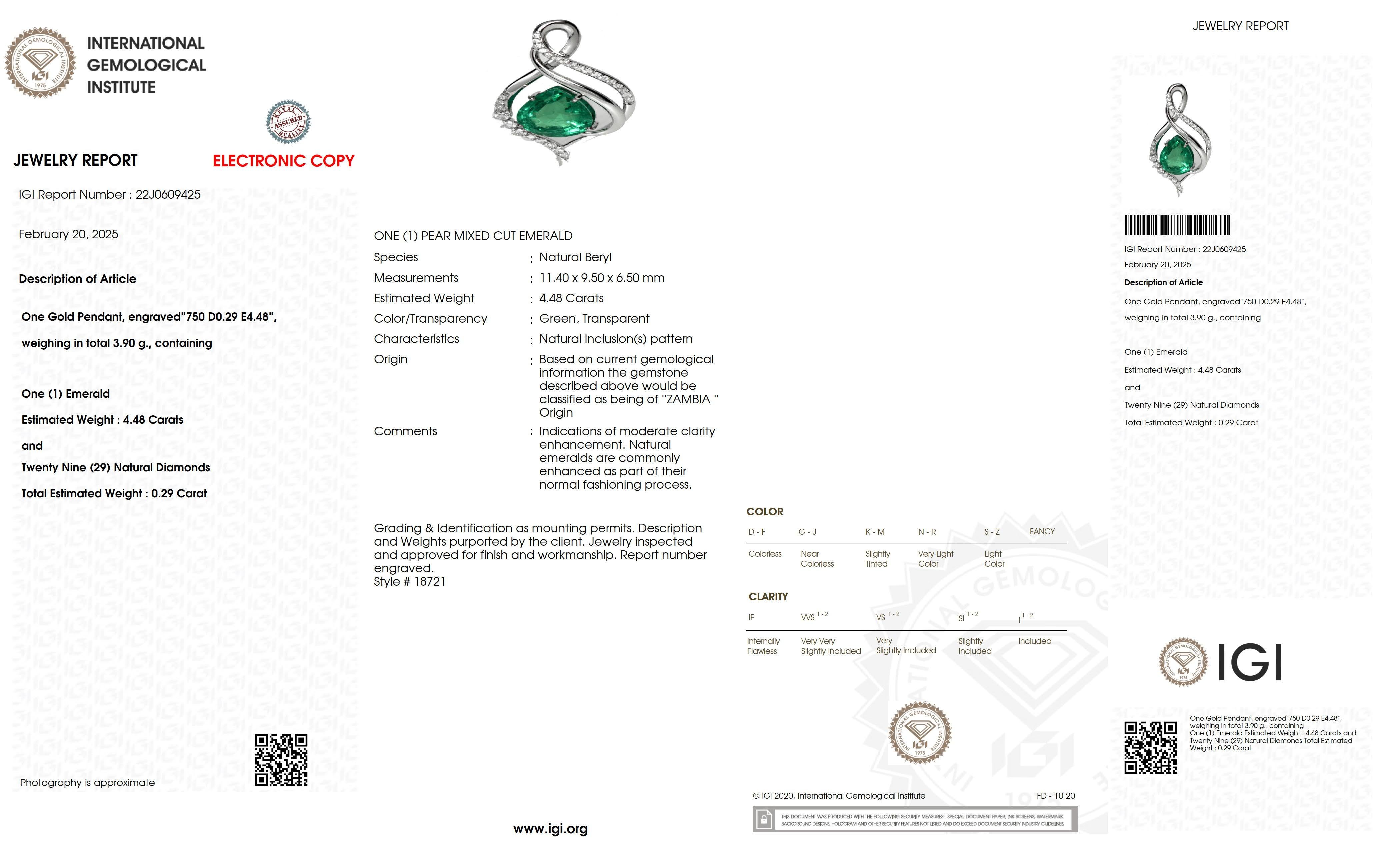 Contemporary IGI 4.48 Ct 18K White Gold Top Emerald&Diamonds Necklace For Sale