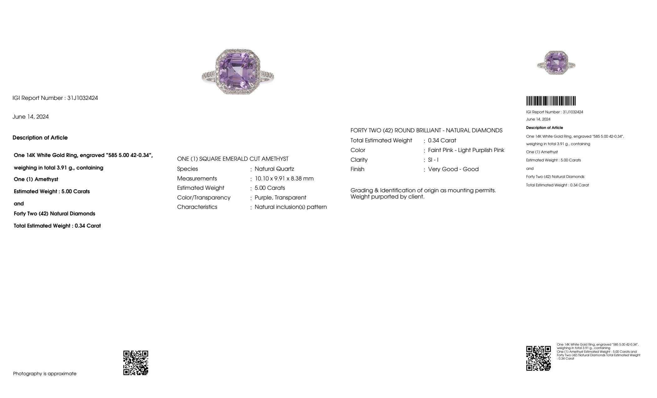 Contemporary IGI 5.00 ct 14K White Amethyst&0.34 Ct Pink Diamond Engagement Ring For Sale