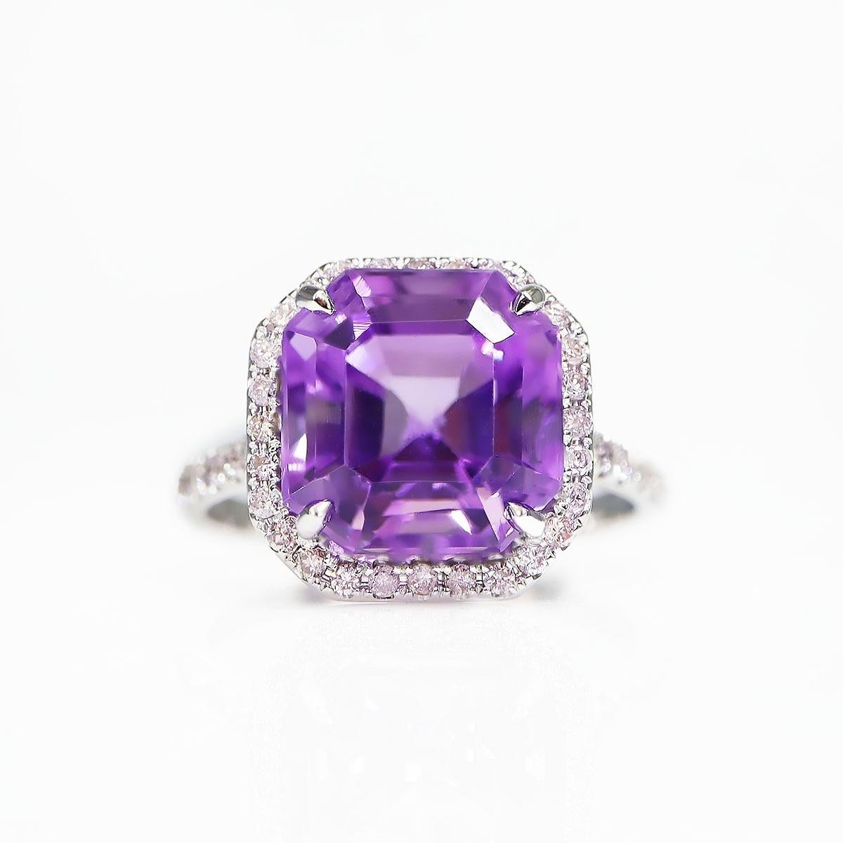 Square Cut IGI 5.00 ct 14K White Amethyst&0.34 Ct Pink Diamond Engagement Ring For Sale