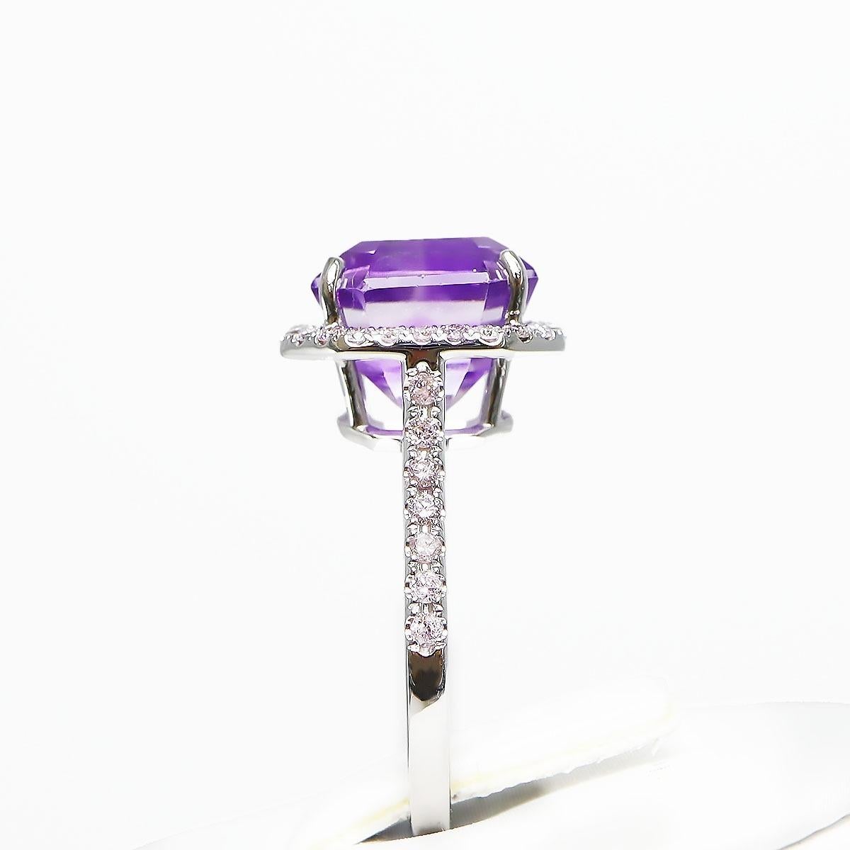 IGI 5.00 ct 14K White Amethyst&0.34 Ct Pink Diamond Engagement Ring For Sale 1