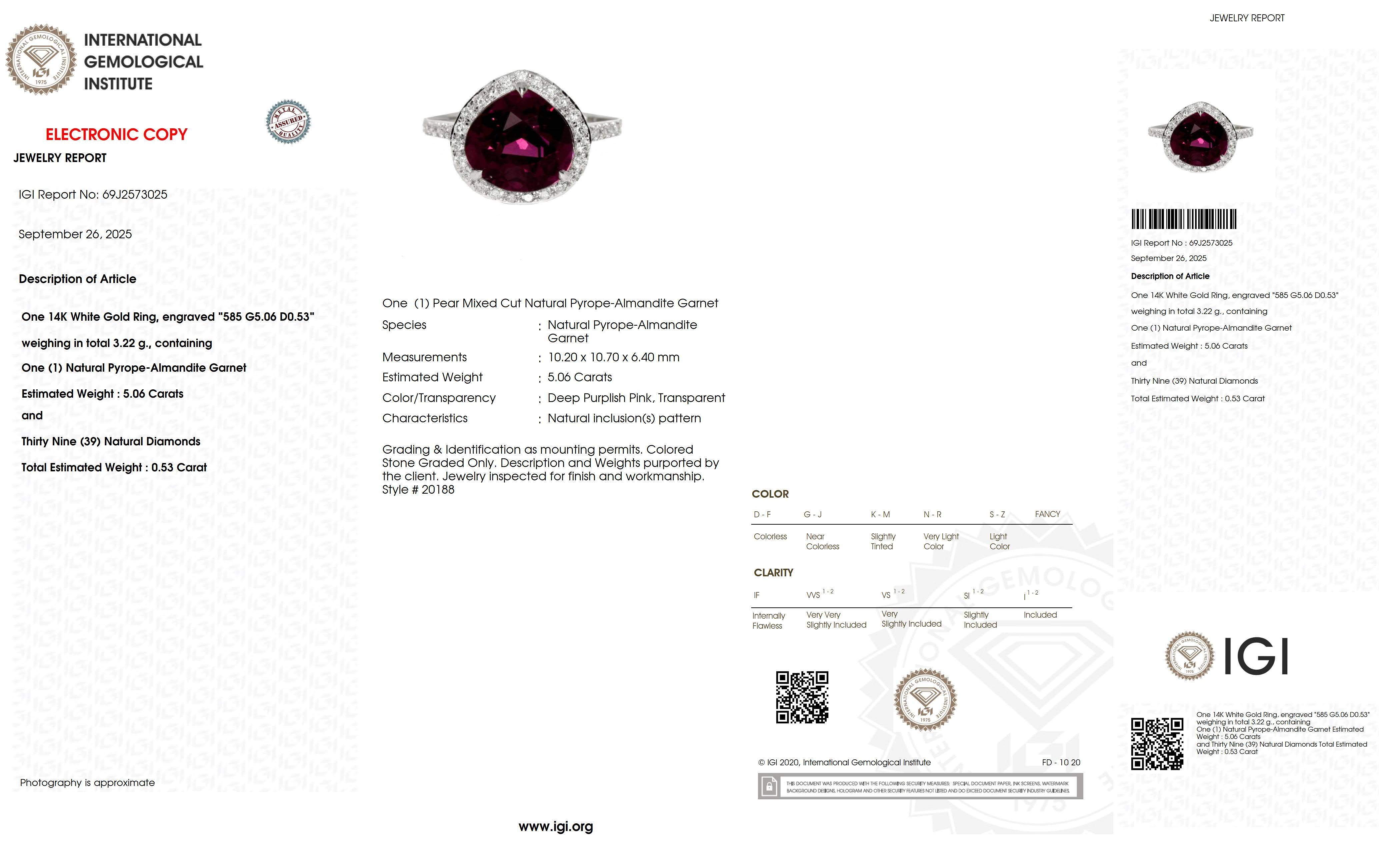 Anello di fidanzamento Art Deco IGI 5,06 ct in oro bianco 14K con granato Mahenge vivo 2