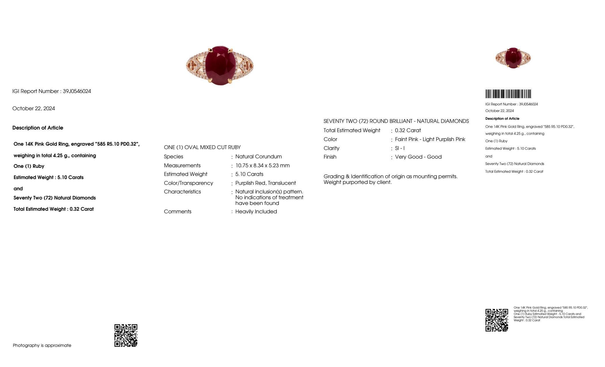 IGI 5,10 ct 14K Rose Gold Natürlicher Unerhitzter Roter Rubin&Pink Diamond Verlobungsring (Zeitgenössisch) im Angebot