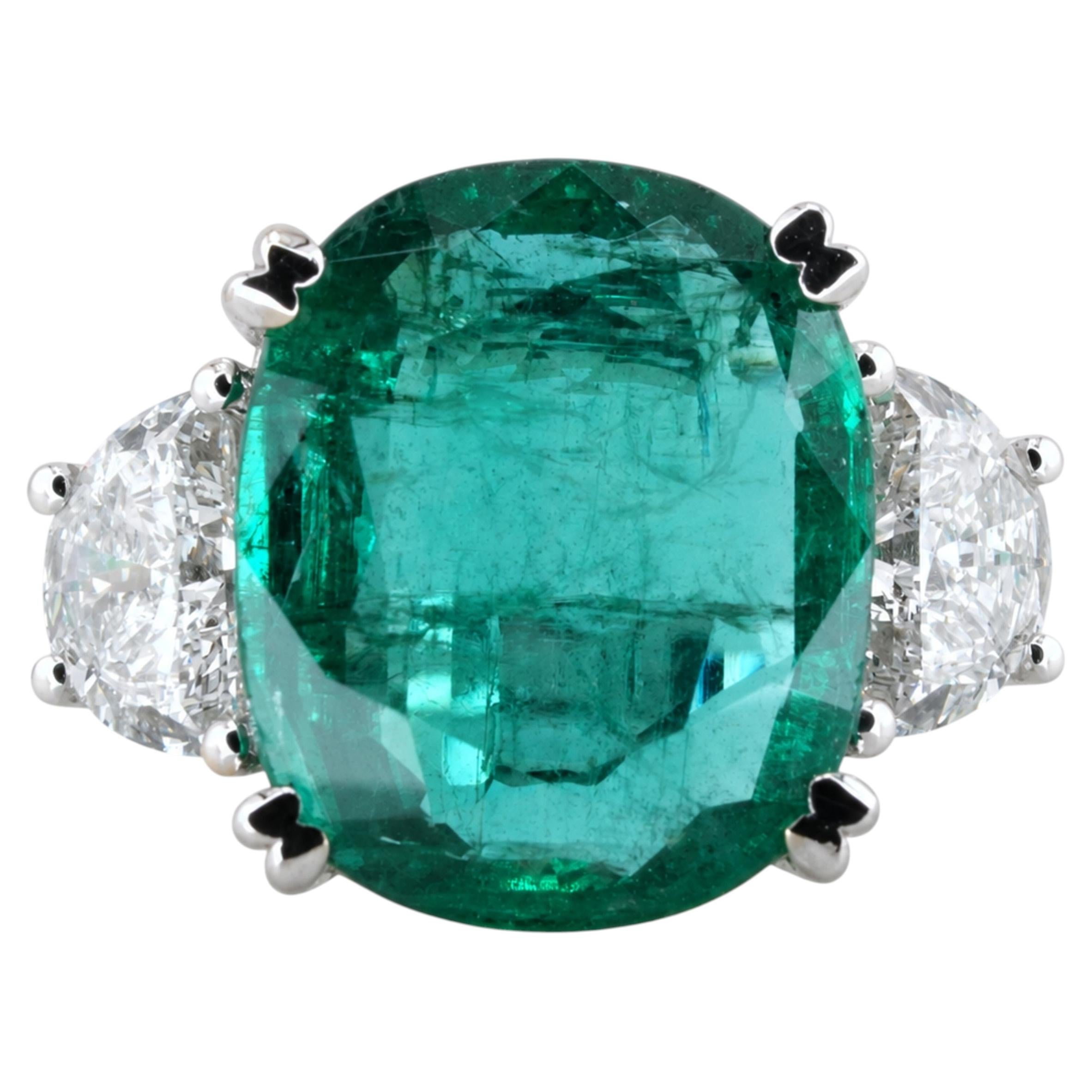 IGI 5.25 Ct Green Emerald GIA 1.00 Ct Half Moon Diamonds 18K White Gold