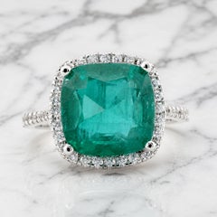 IGI 7.94 Ct Cushion Cut Deep Green Natural Emerald 14K White Gold Ring