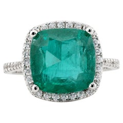 IGI 7.94 Ct Cushion Cut Deep Green Natural Emerald 14K White Gold Ring