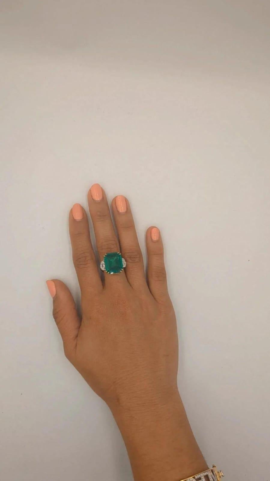 IGI- und GIA-zertifizierter 10,81 Karat grüner Smaragdschilfrohr-Diamantring im Zustand „Hervorragend“ in Chicago, IL