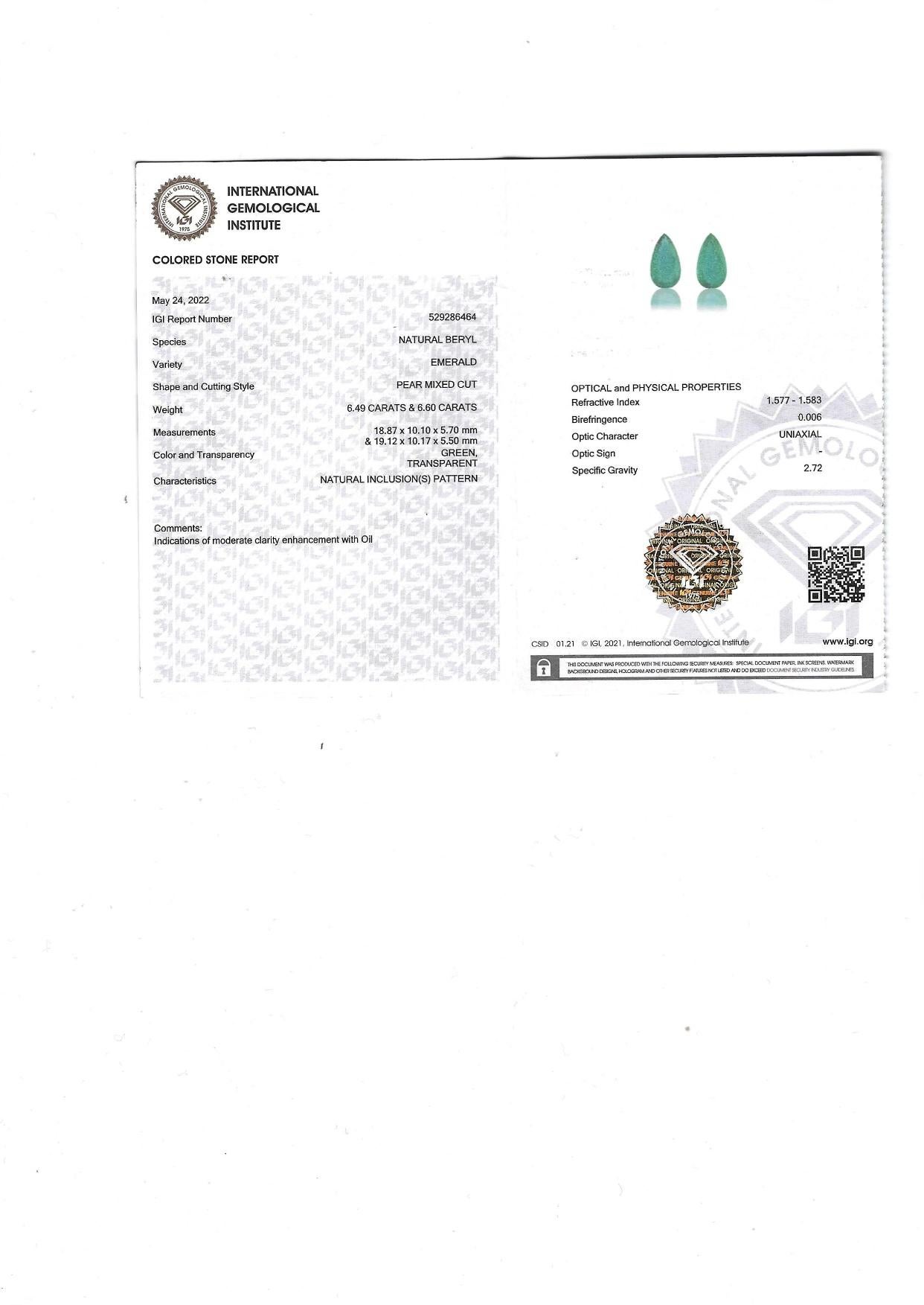 IGI and GIA Certified 13 Carat Pear Cut Green Emerald Diamond Earrings For Sale 2