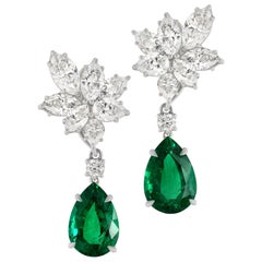 IGI Antwerp 7.26 Carat Emeralds and Pear Cut Marquise Diamond Dangle Earrings