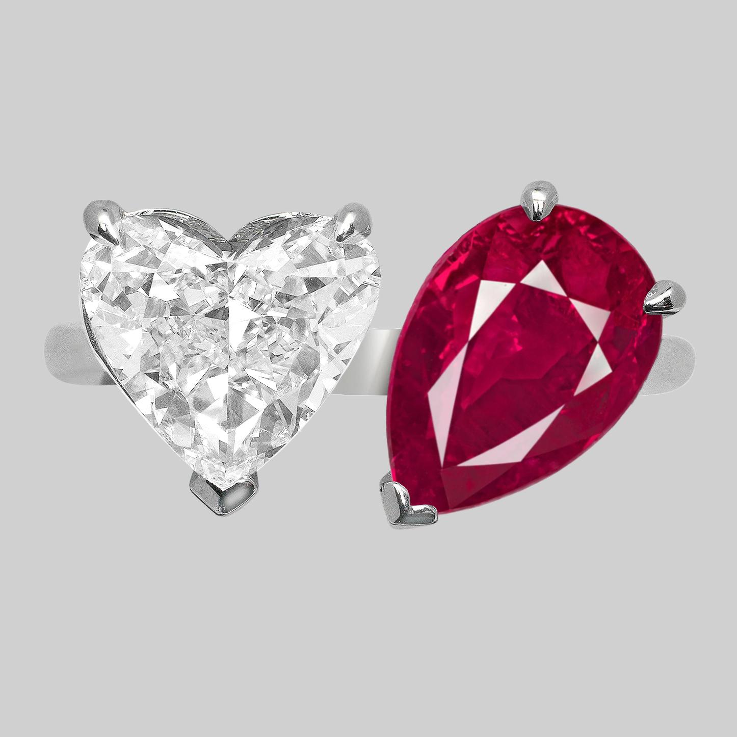 Modern IGI Antwerp Bypass Heart Shape Flawless Diamond and Ruby Ring For Sale