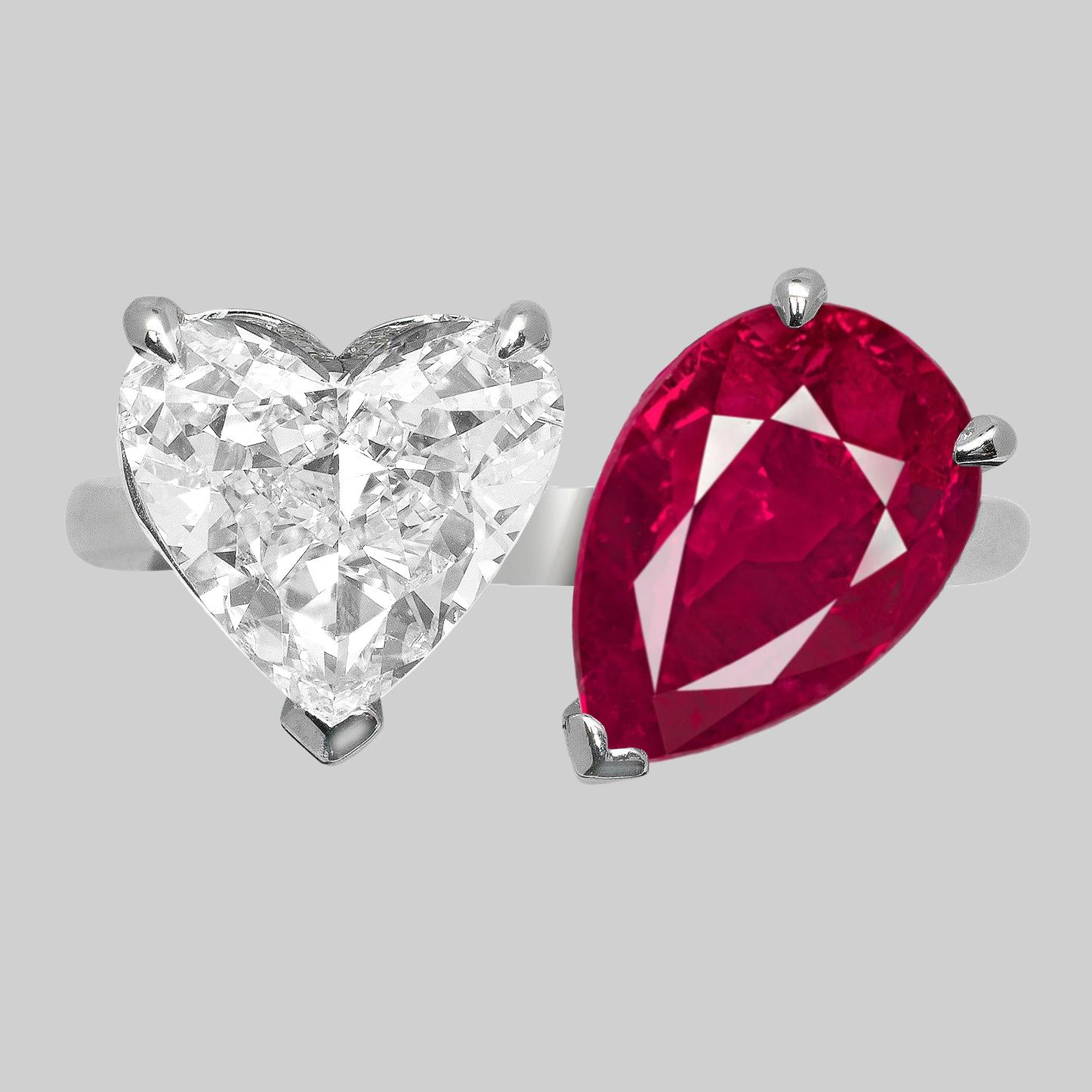 Heart Cut IGI Antwerp Bypass Heart Shape Flawless Diamond and Ruby Ring For Sale