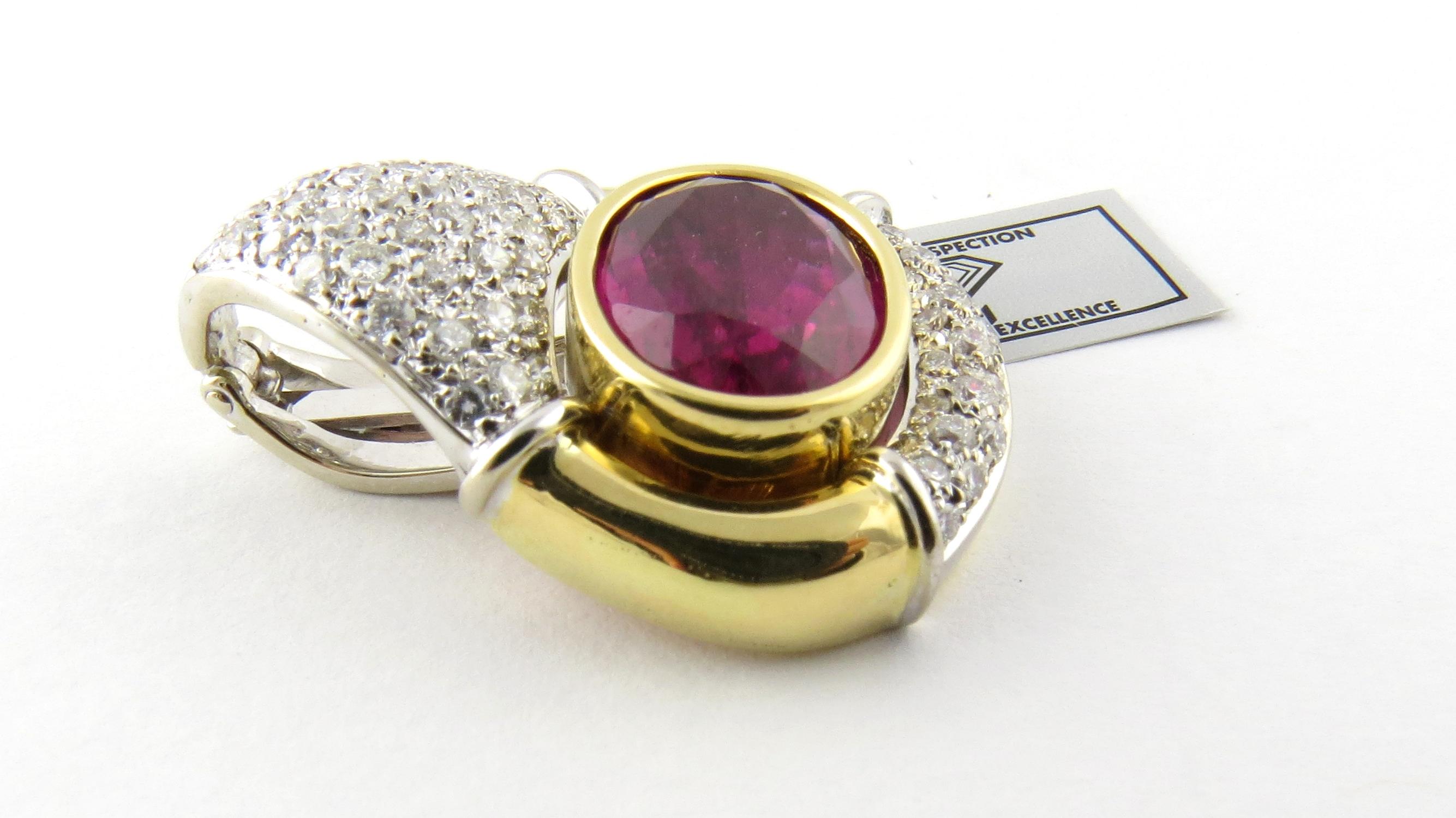 18K Yellow And White Gold Natural Pink Tourmaline and Diamond Pendant Enhancer

This stunning enhancer is set in an 18K yellow and white gold mounting.

 Stamped 750

Approx. 1.25
