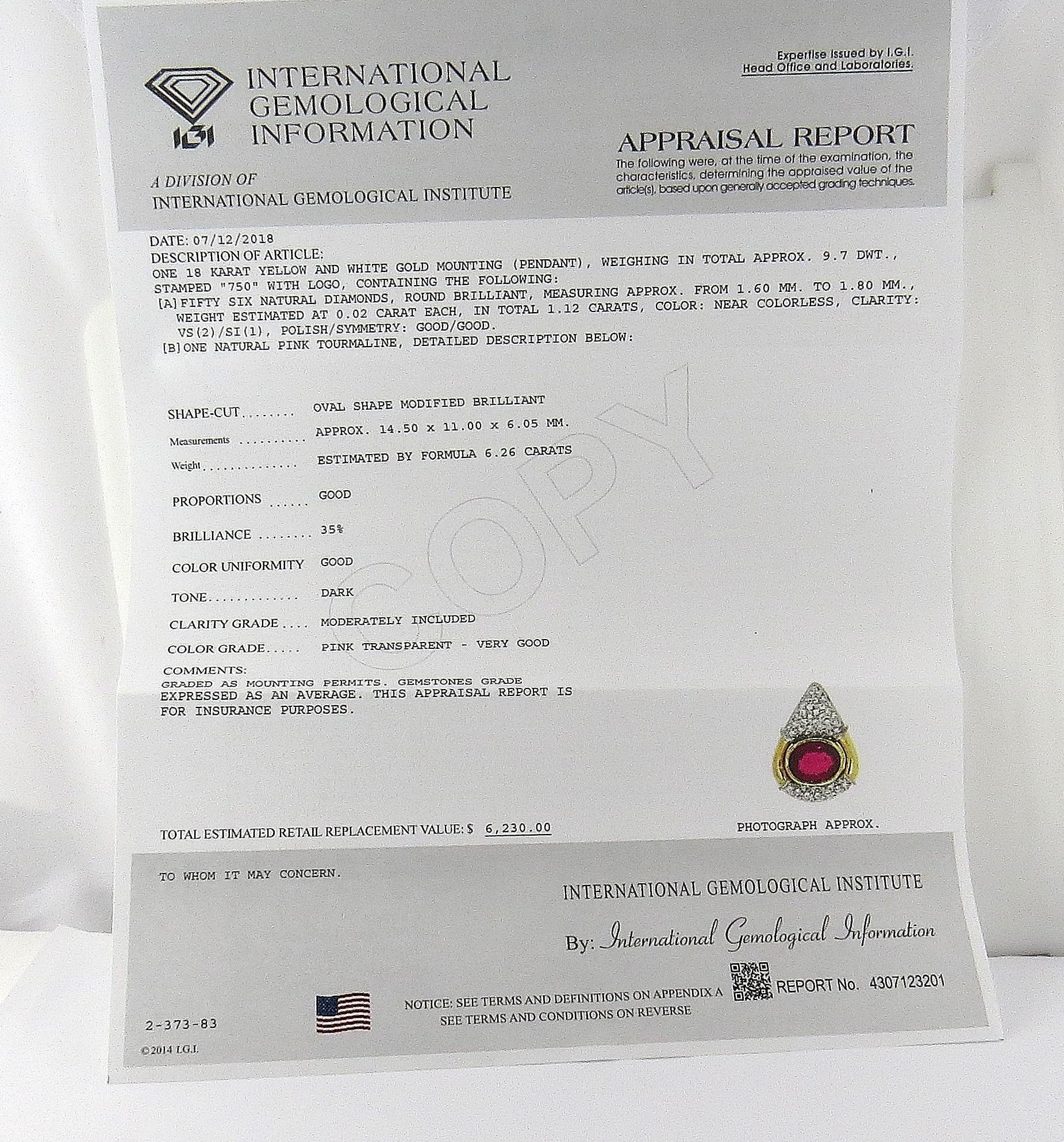 IGI zertifizierter 18 Karat Gelb-Weißgold-Anhänger mit natürlichem rosa Turmalin und Diamant im Angebot 3