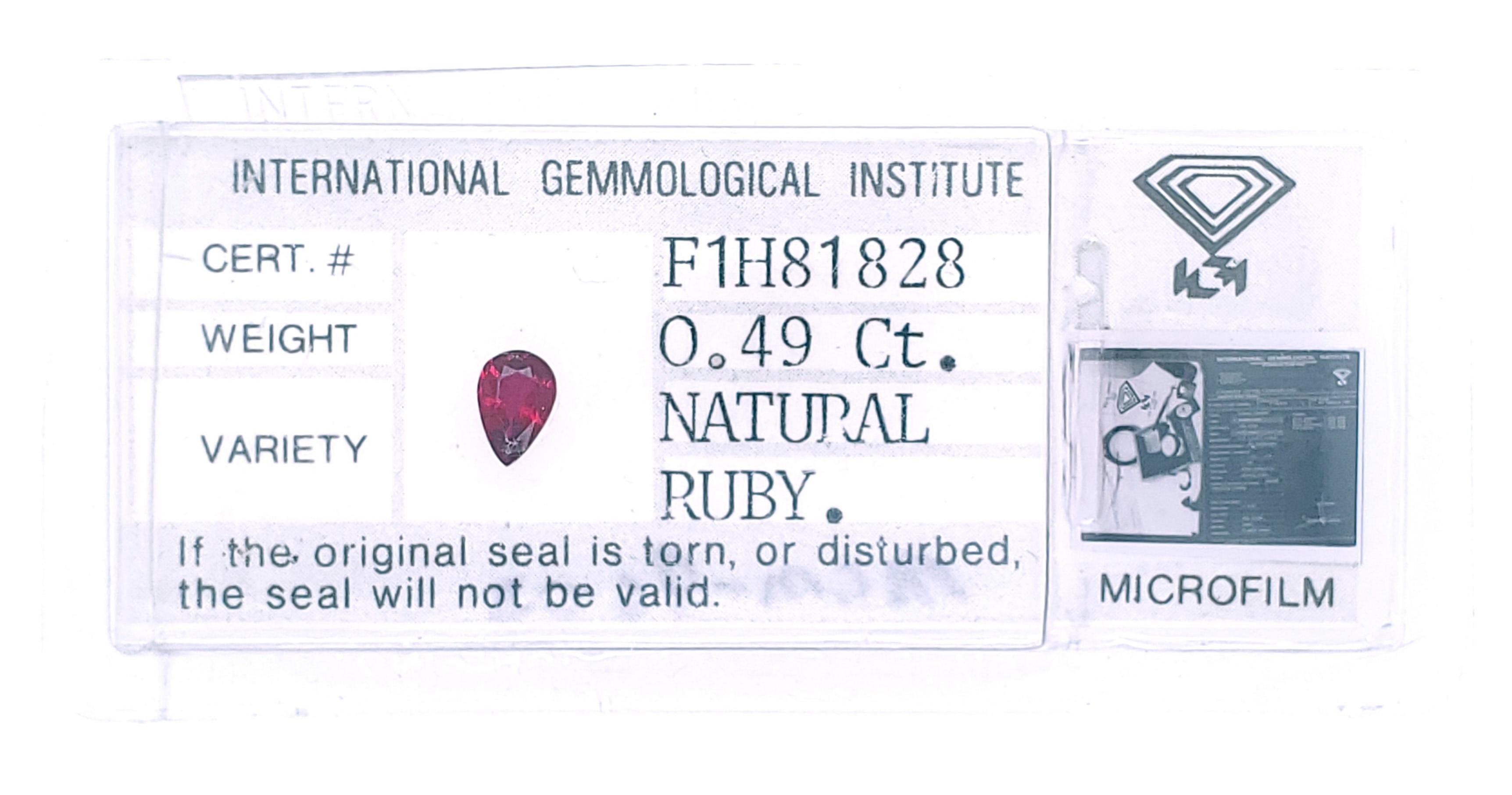 IGI Certed 0.49ct Pear Shaped Ruby - In Our Vaults for Approx 40 years! For Sale 1