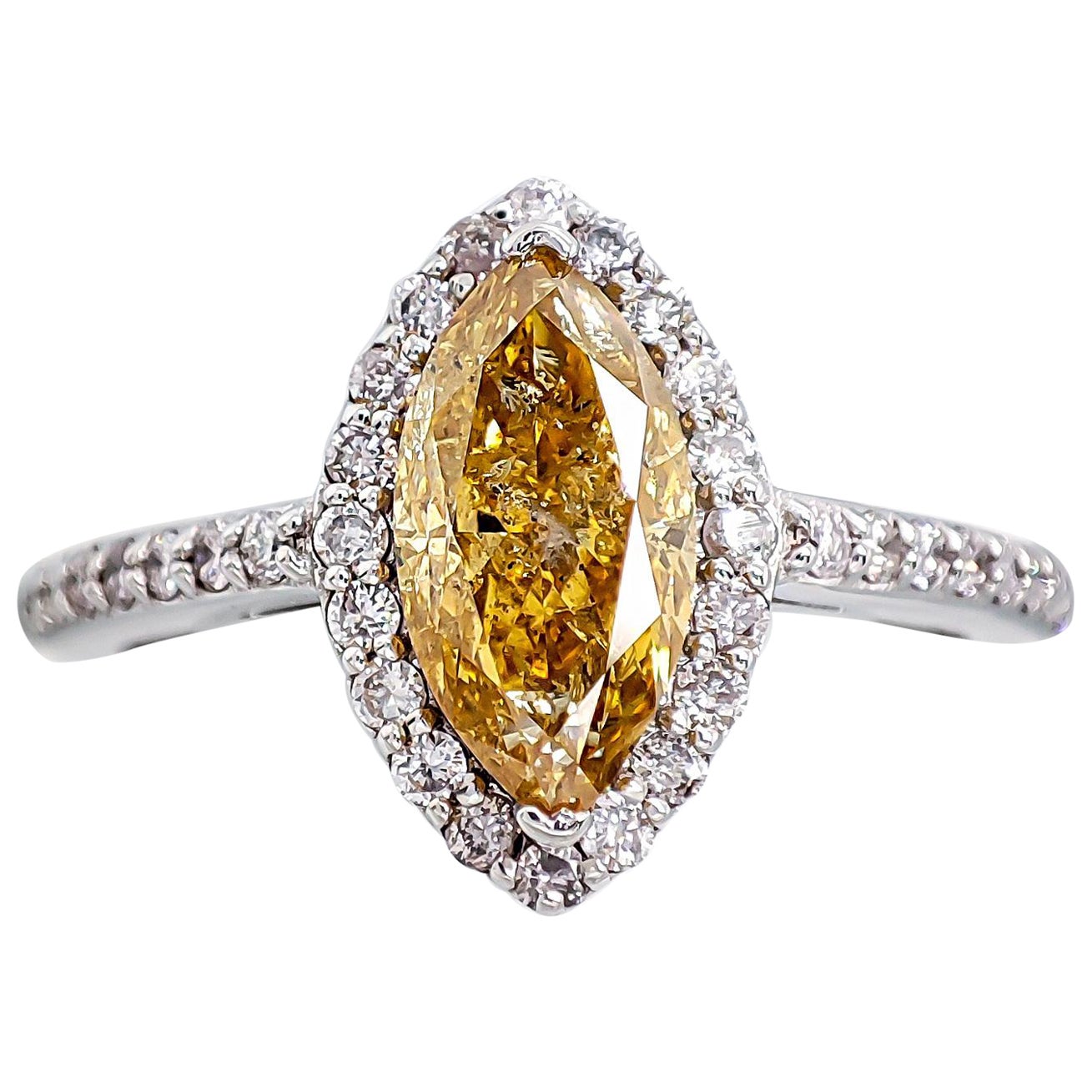 IGI Certificate 1.77 CTW Marquise Fancy Vivid Yellow 14K White Gold Ring