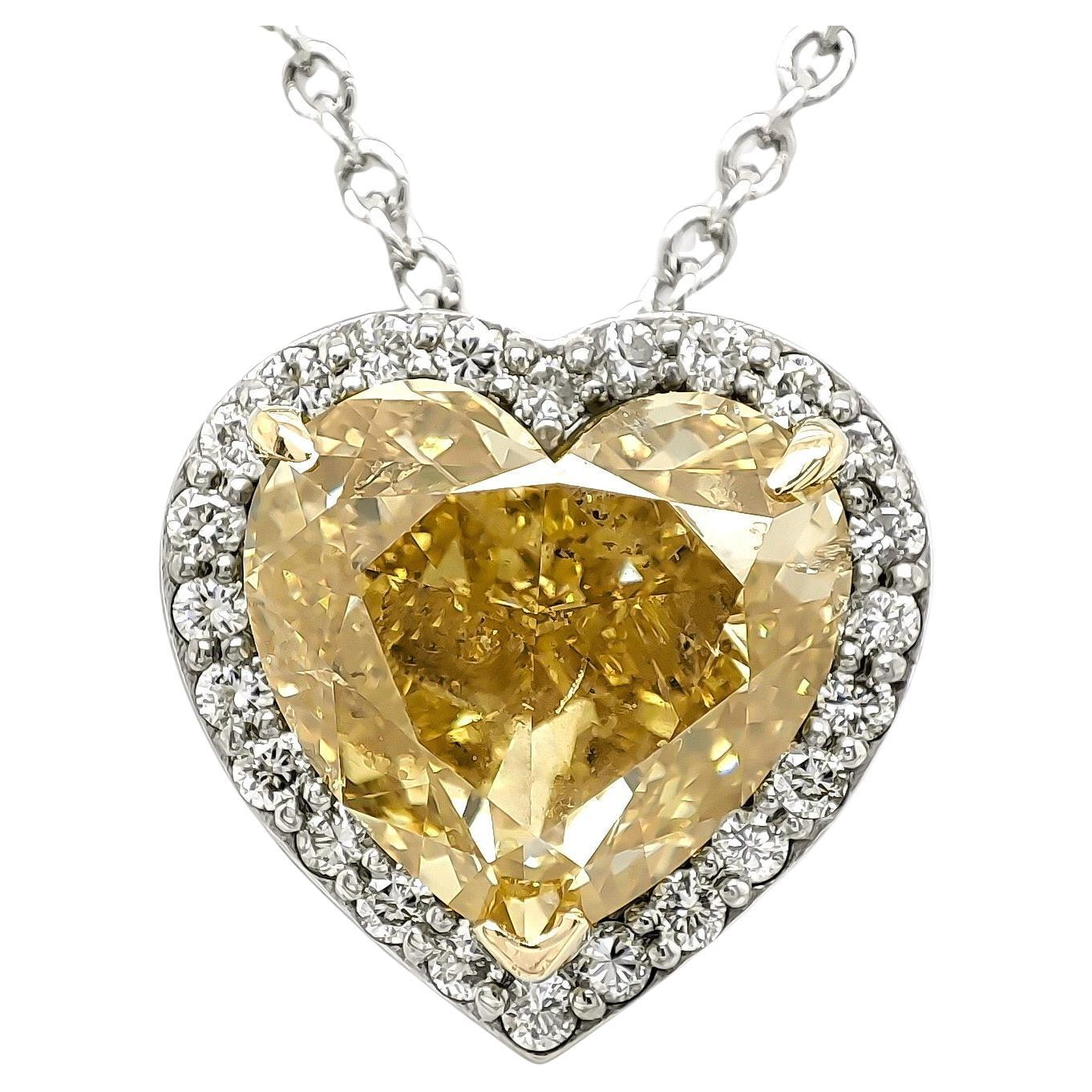 IGI Certified 4.26ctw Fancy Intense Yellow Heart Diamond 14k Gold Pendant