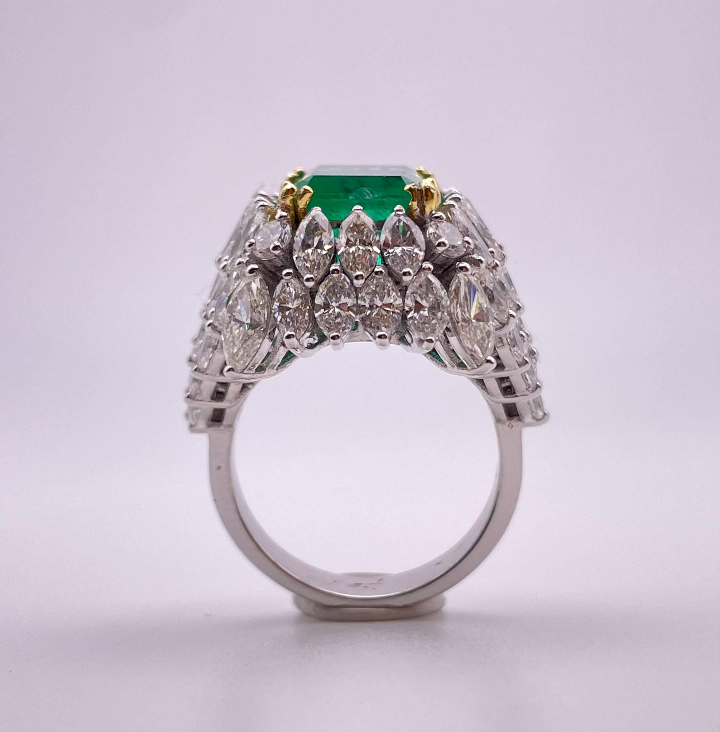 Art Nouveau IGI Certificated 5.06 Carats Fine Emerald and Diamond Ring For Sale