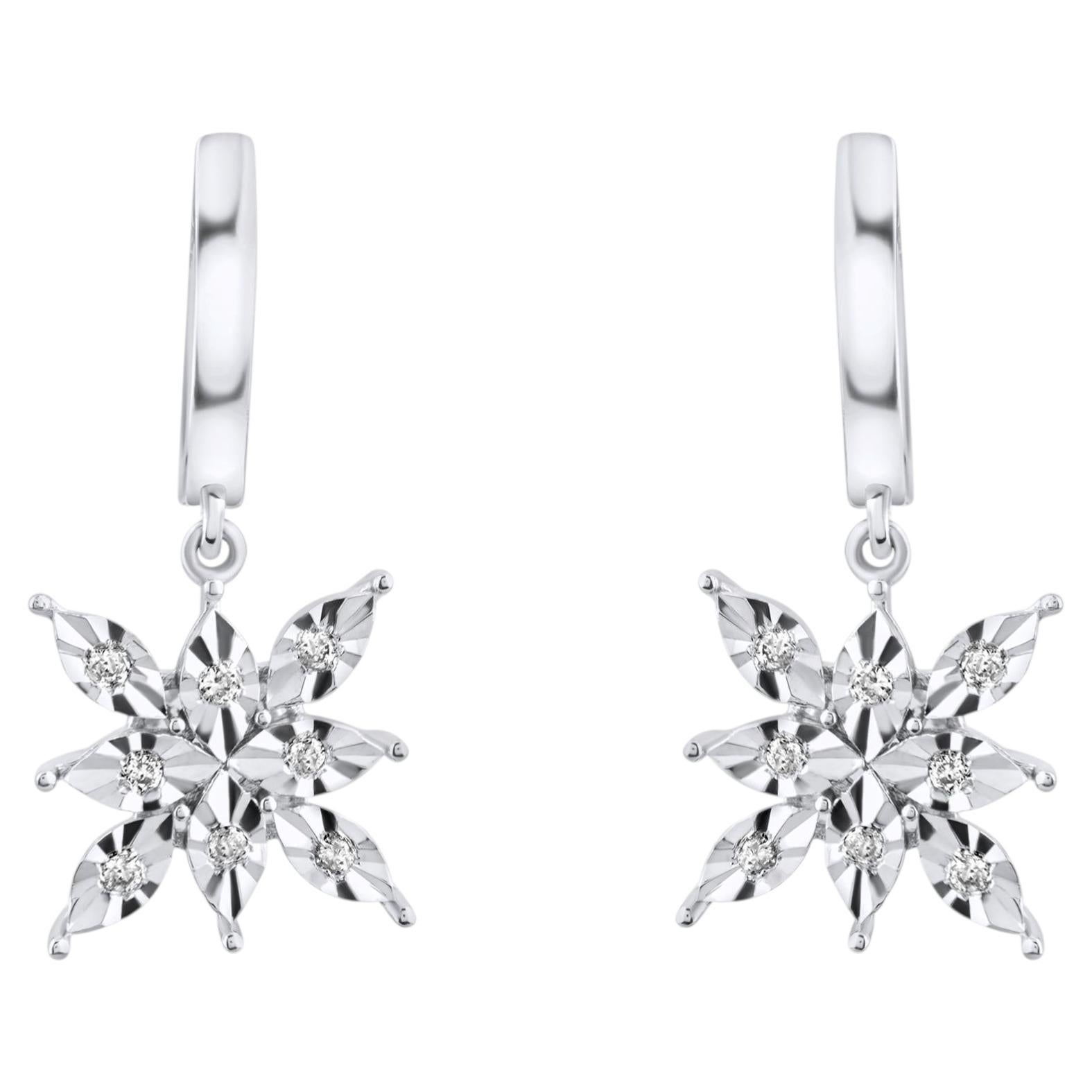 IGI Certified 0.06 Carat Natural Diamond Snowflake Drop Earrings in 8K Gold For Sale