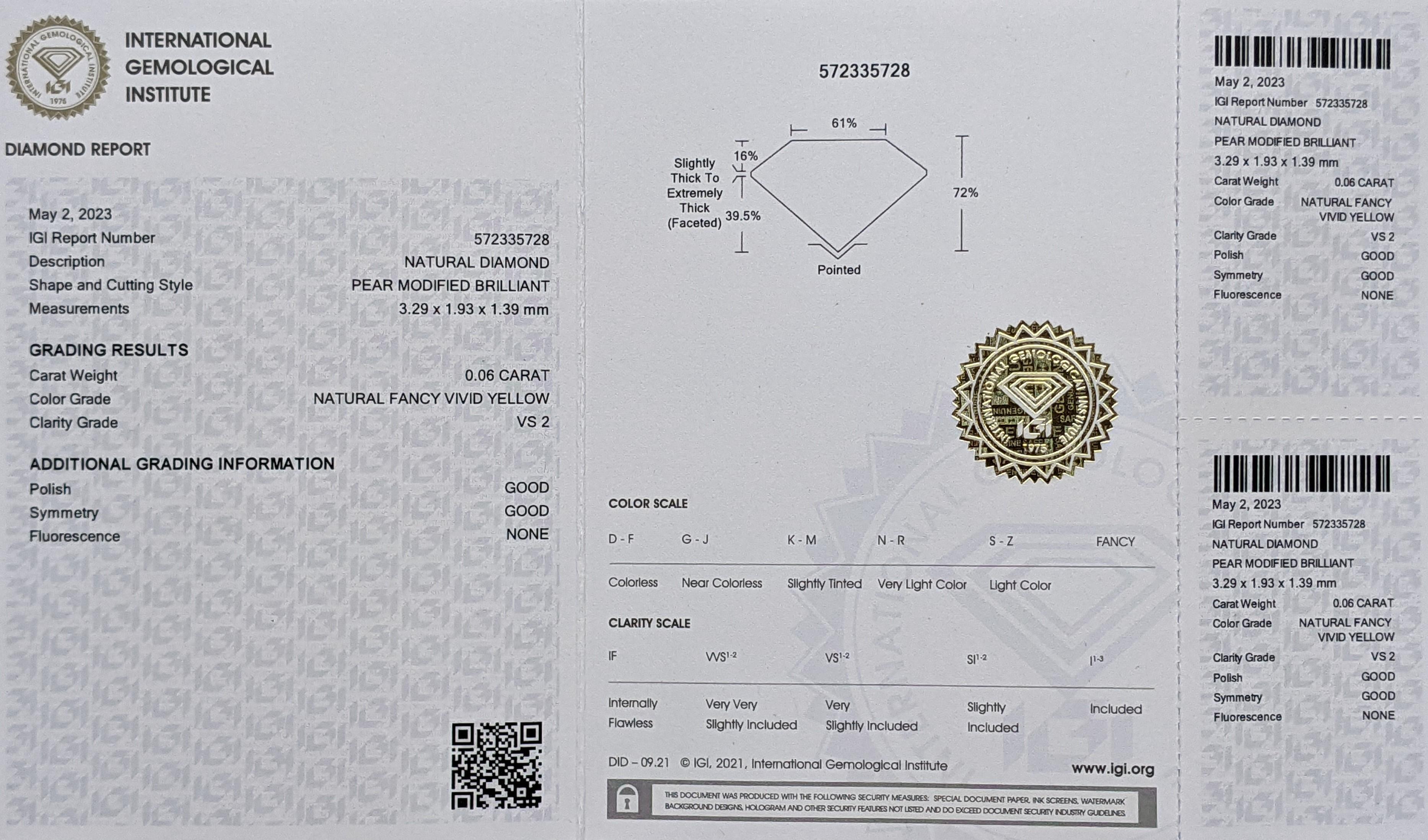 Women's or Men's  IGI certified - 0.06ct - VS2 - Fancy Vivid Yellow - Pear Brillian - Diamond