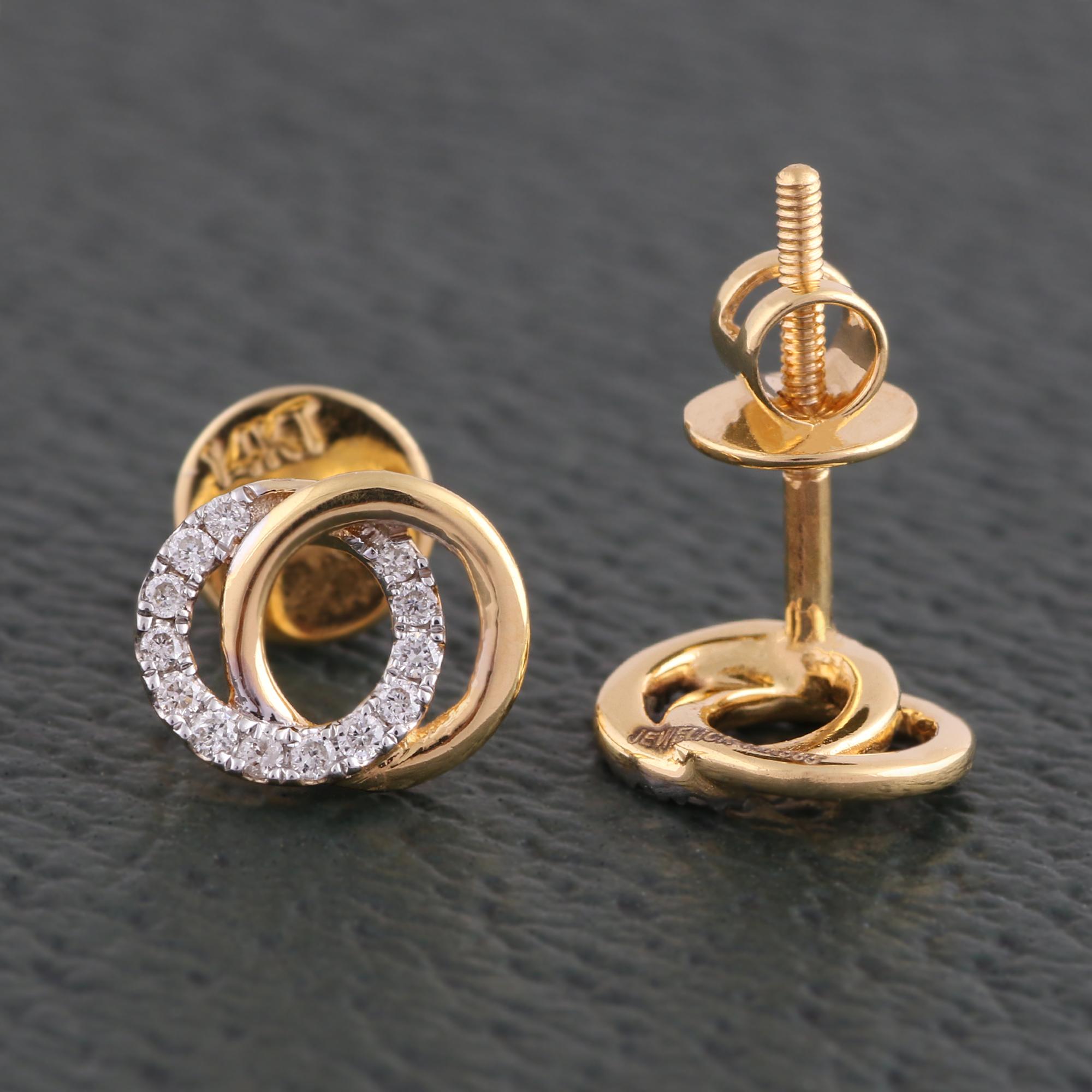 Taille brillant Clous d'oreilles en or jaune 14 carats avec diamant naturel certifié IGI de 0,10 carat « SI/H-I » en vente