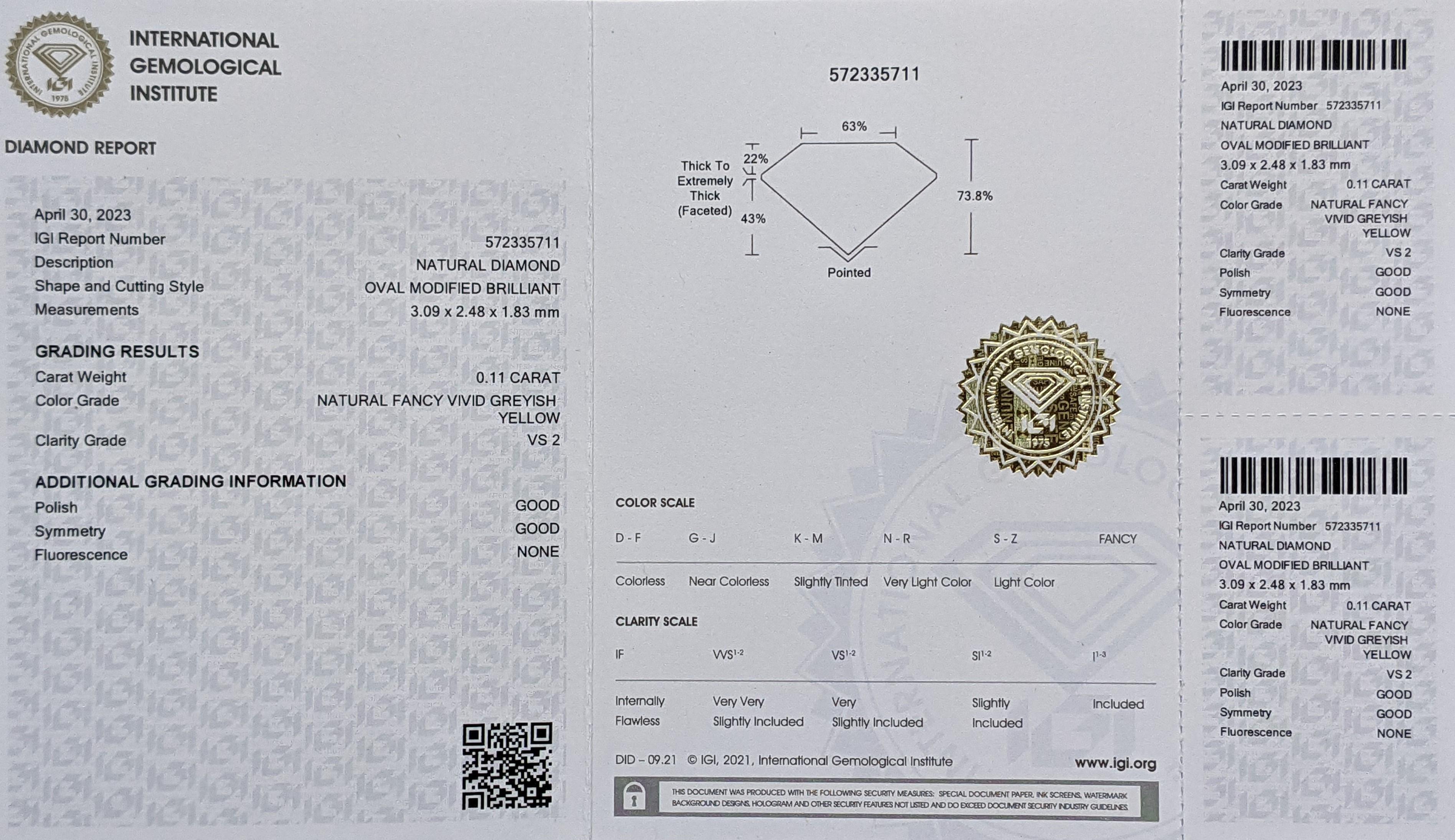 Women's or Men's  IGI certified - 0.11ct - VS2 - Fancy Vivid Greyish Yellow - Diamond