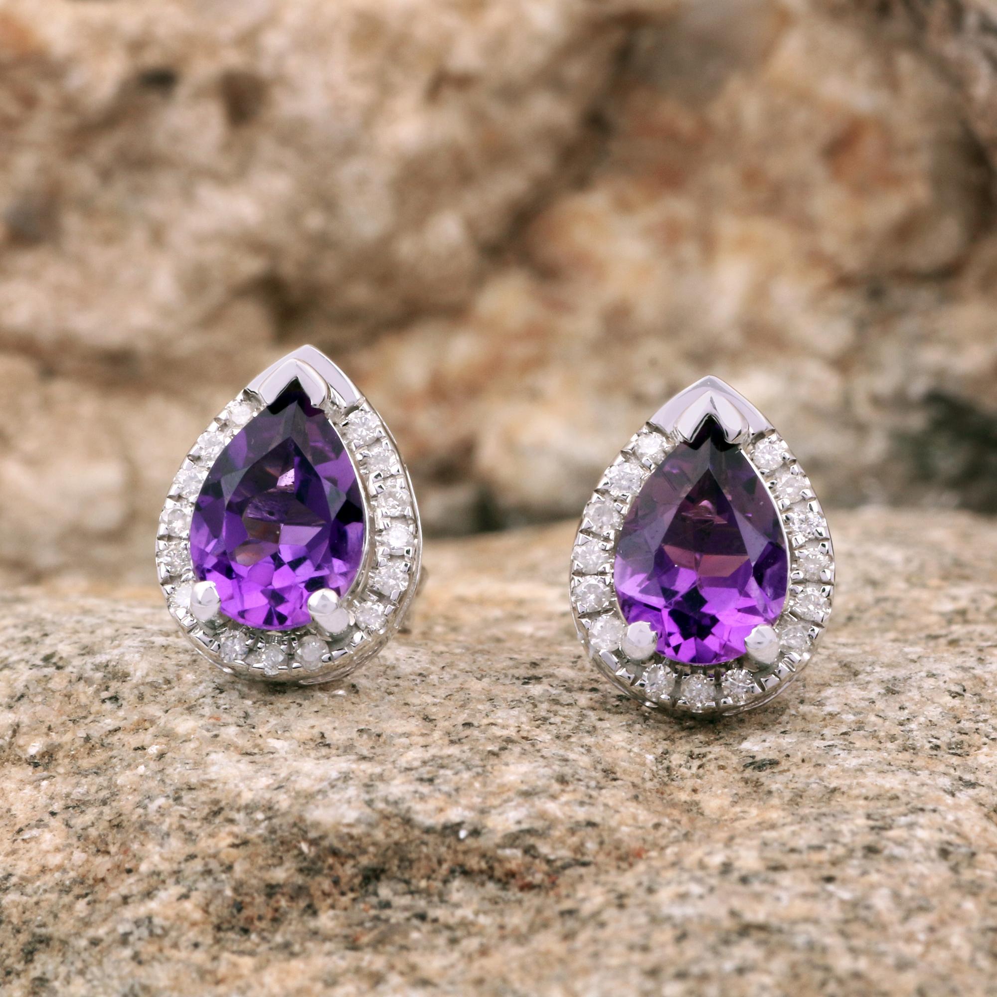 IGI Certified 0.147 Carat Clear Diamond 14K White Gold Amethyst Stud Earrings In New Condition For Sale In Jaipur, RJ