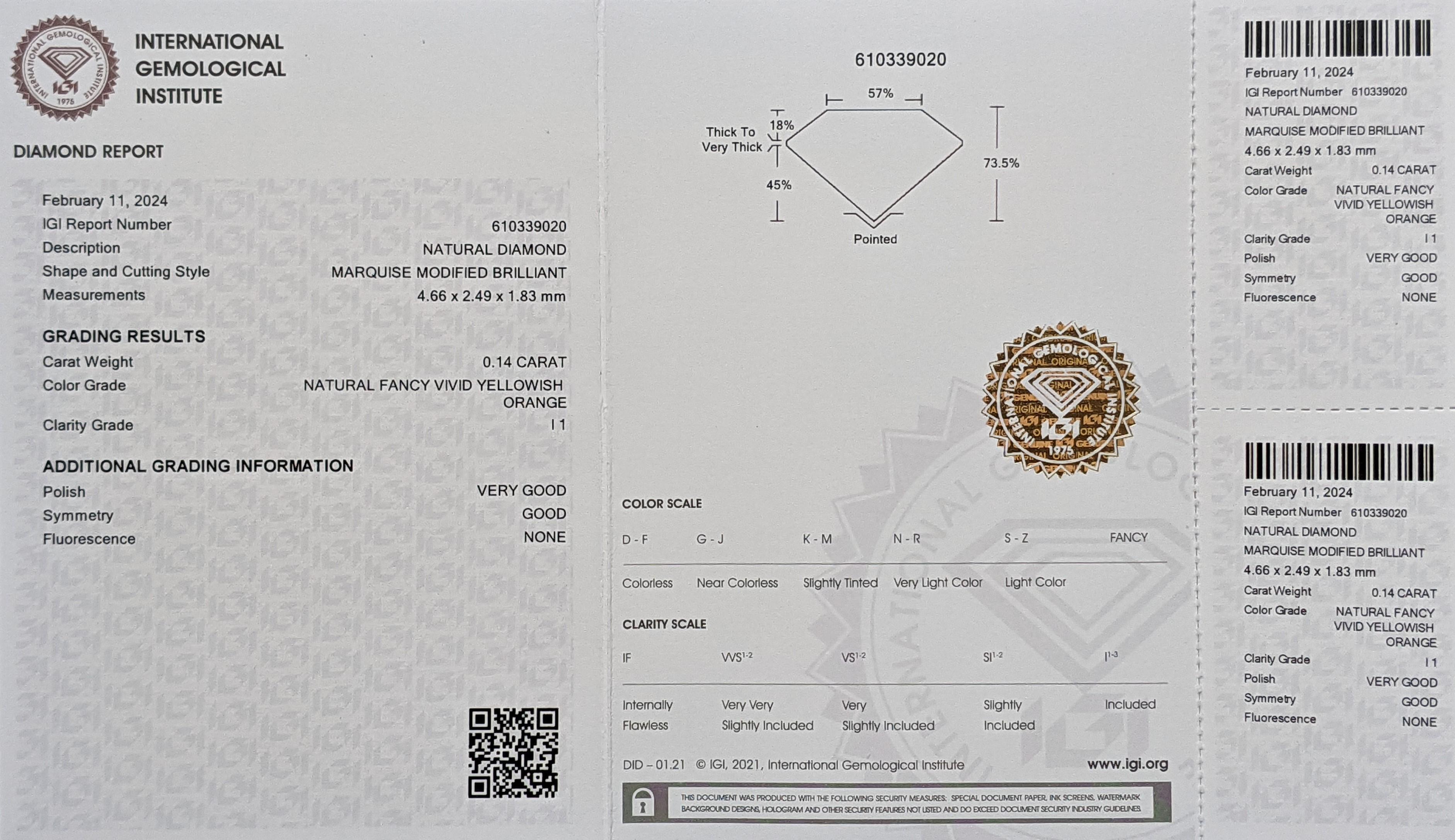 Women's or Men's  IGI certified - 0.14ct - I1 - Fancy Vivid Yellowish Orange - Diamond