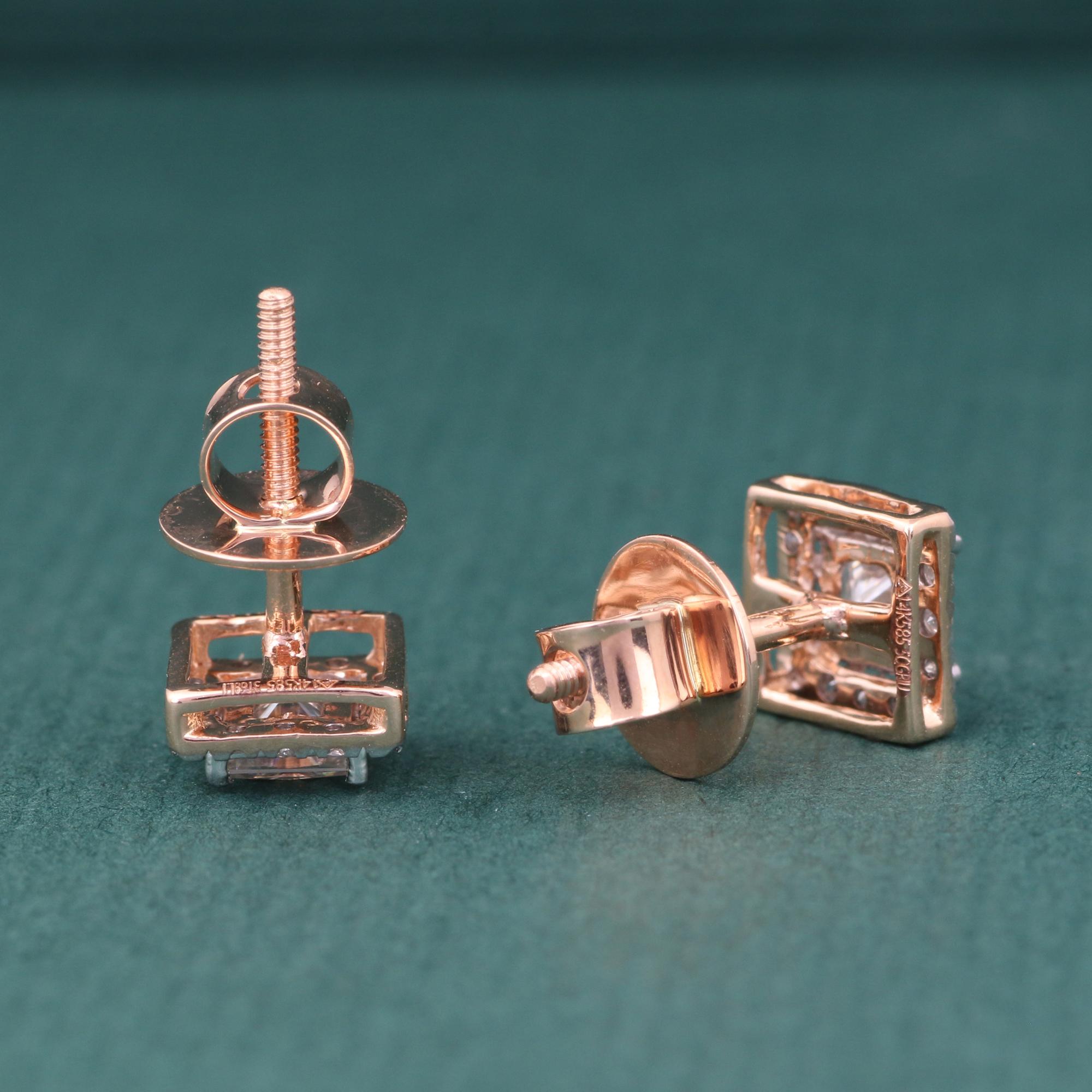 IGI zertifiziert 0,151 Karat klarer Diamant 14K Rose Gold Moissanit Ohrstecker im Zustand „Neu“ im Angebot in Jaipur, RJ