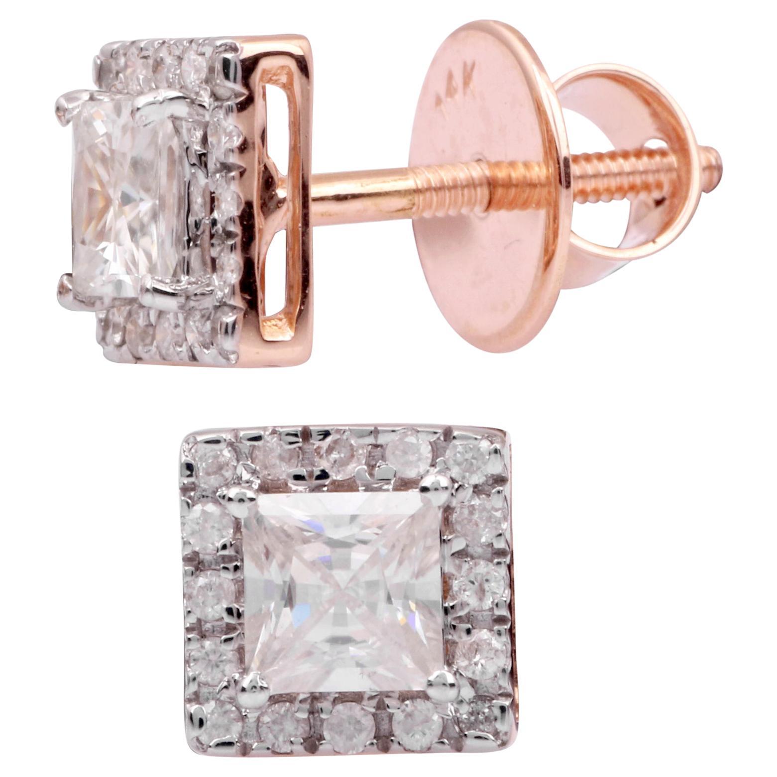 IGI Certified 0.151 Carat Clear Diamond 14K Rose Gold Moissanite Stud Earrings For Sale