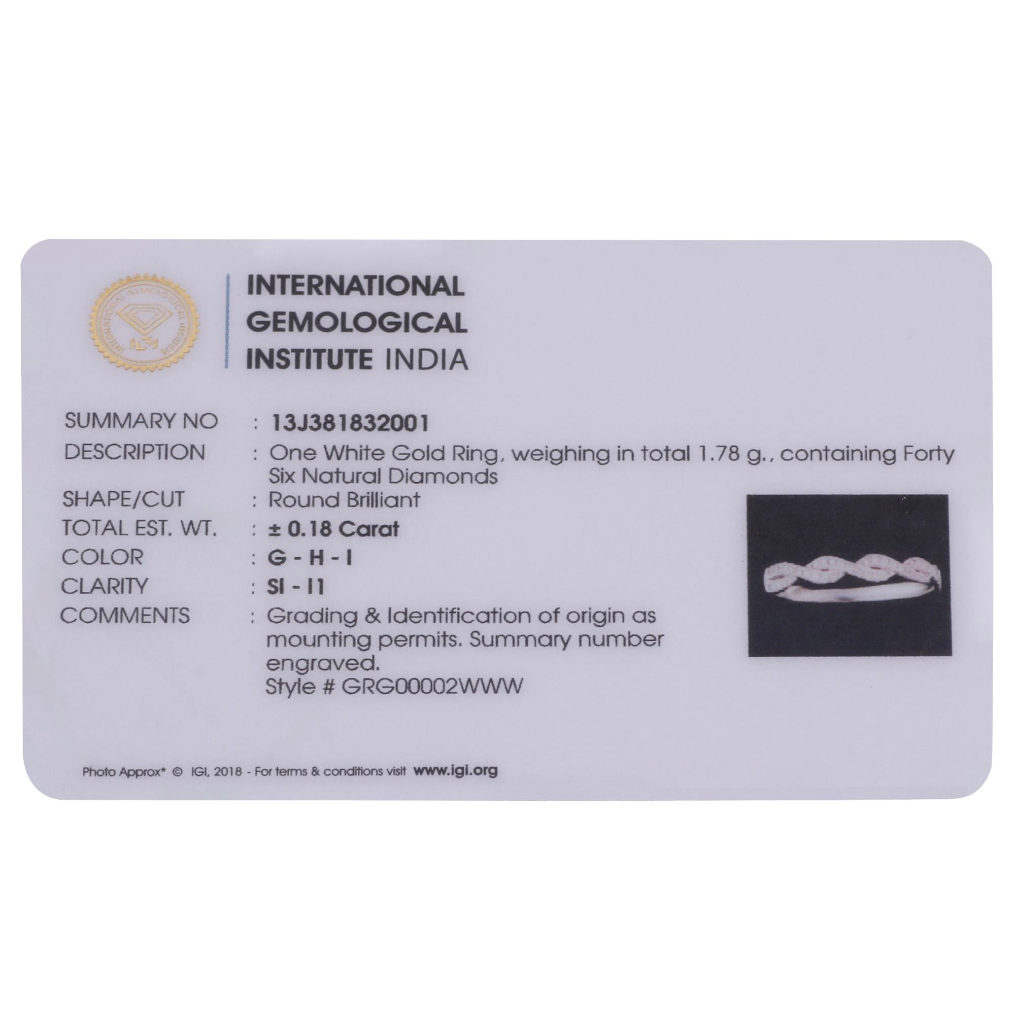 Brilliant Cut IGI Certified 0.18 Carat Natural Diamond 'SI/G-H-I' 14K White Gold Rope Ring For Sale