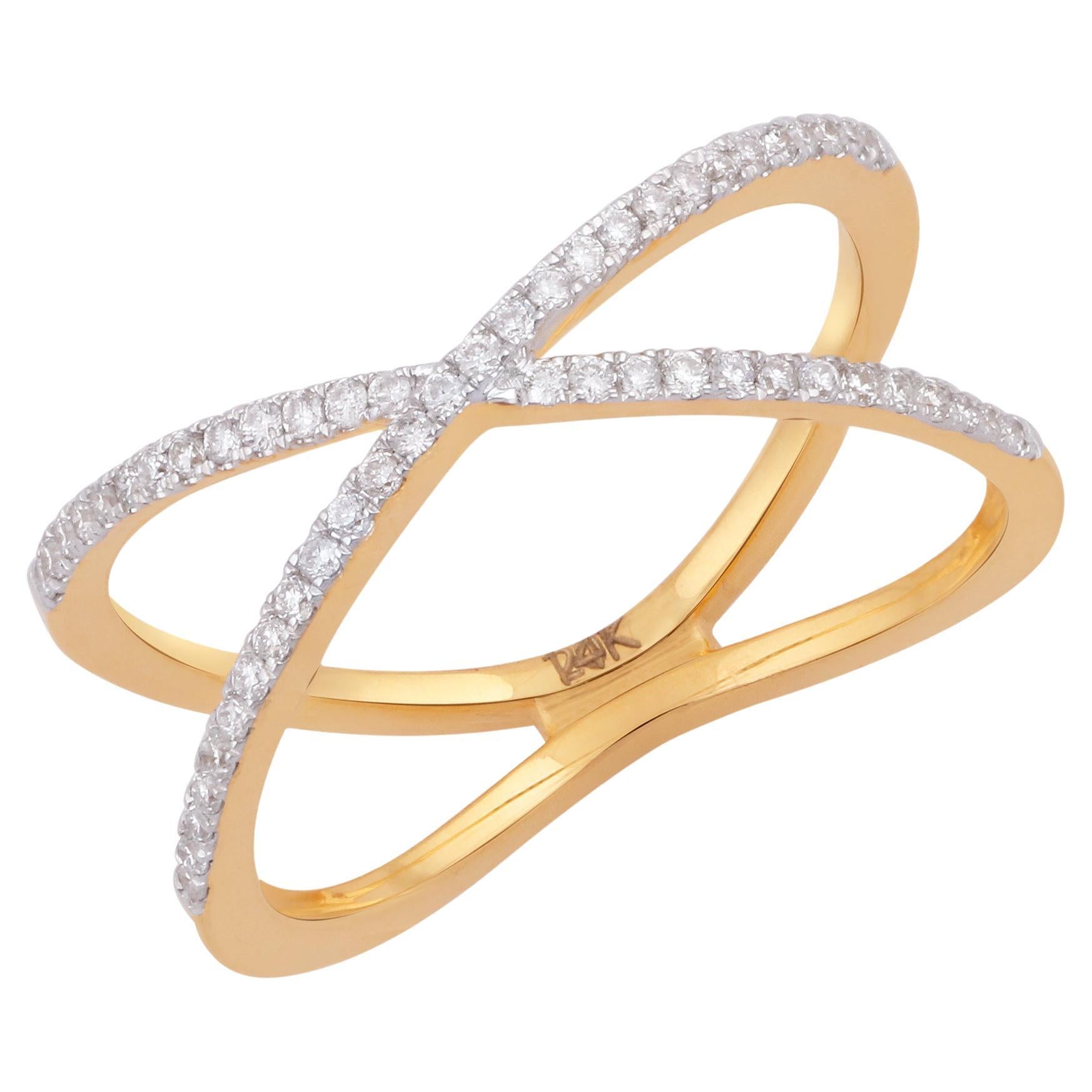 IGI Certified 0.20 Carat Natural Diamond 'SI/GH' 14K Yellow Gold Crisscross Ring For Sale