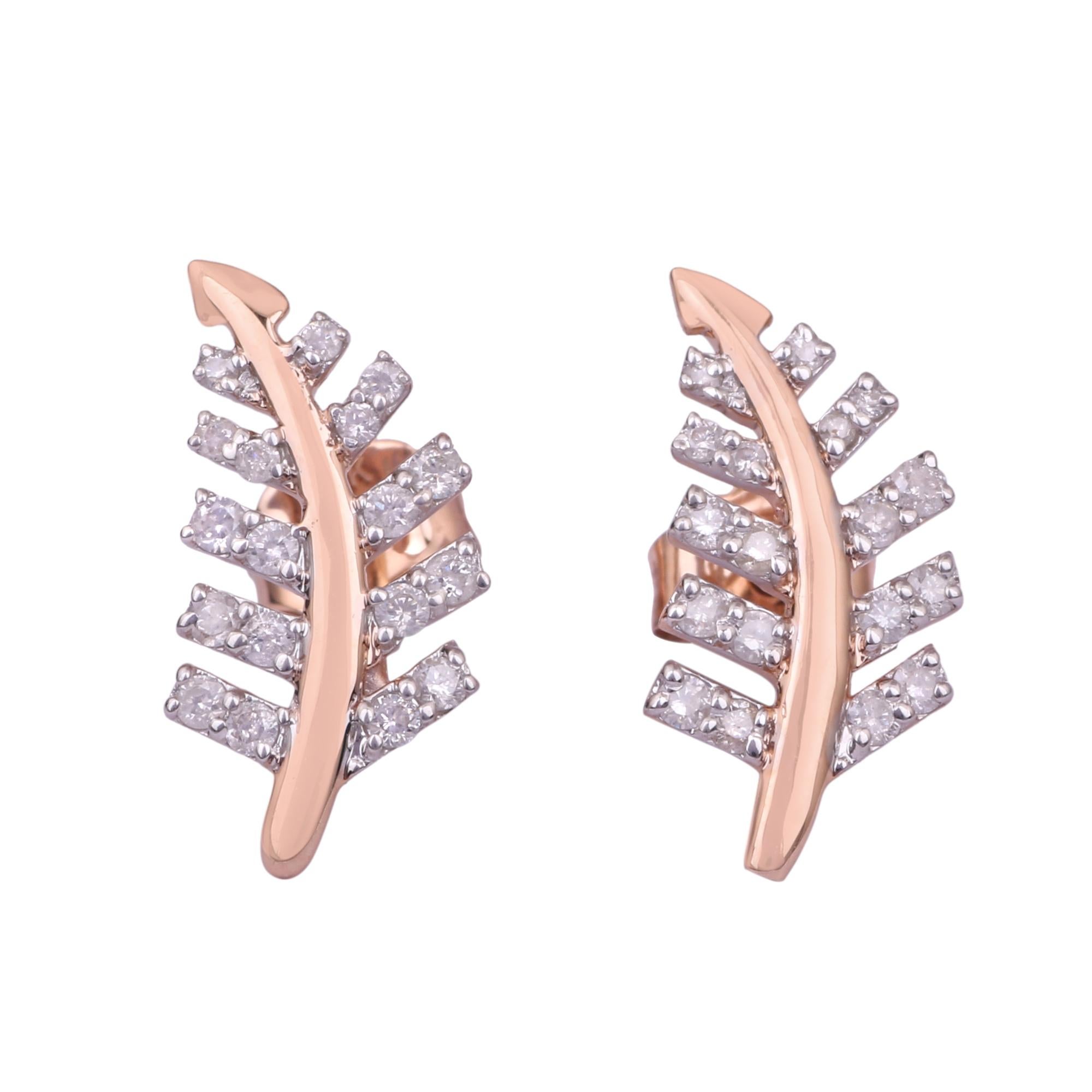 Modern IGI Certified 0.239 Carat Clear Diamond 14K Rose Gold Leaf Tinny Stud Earrings For Sale