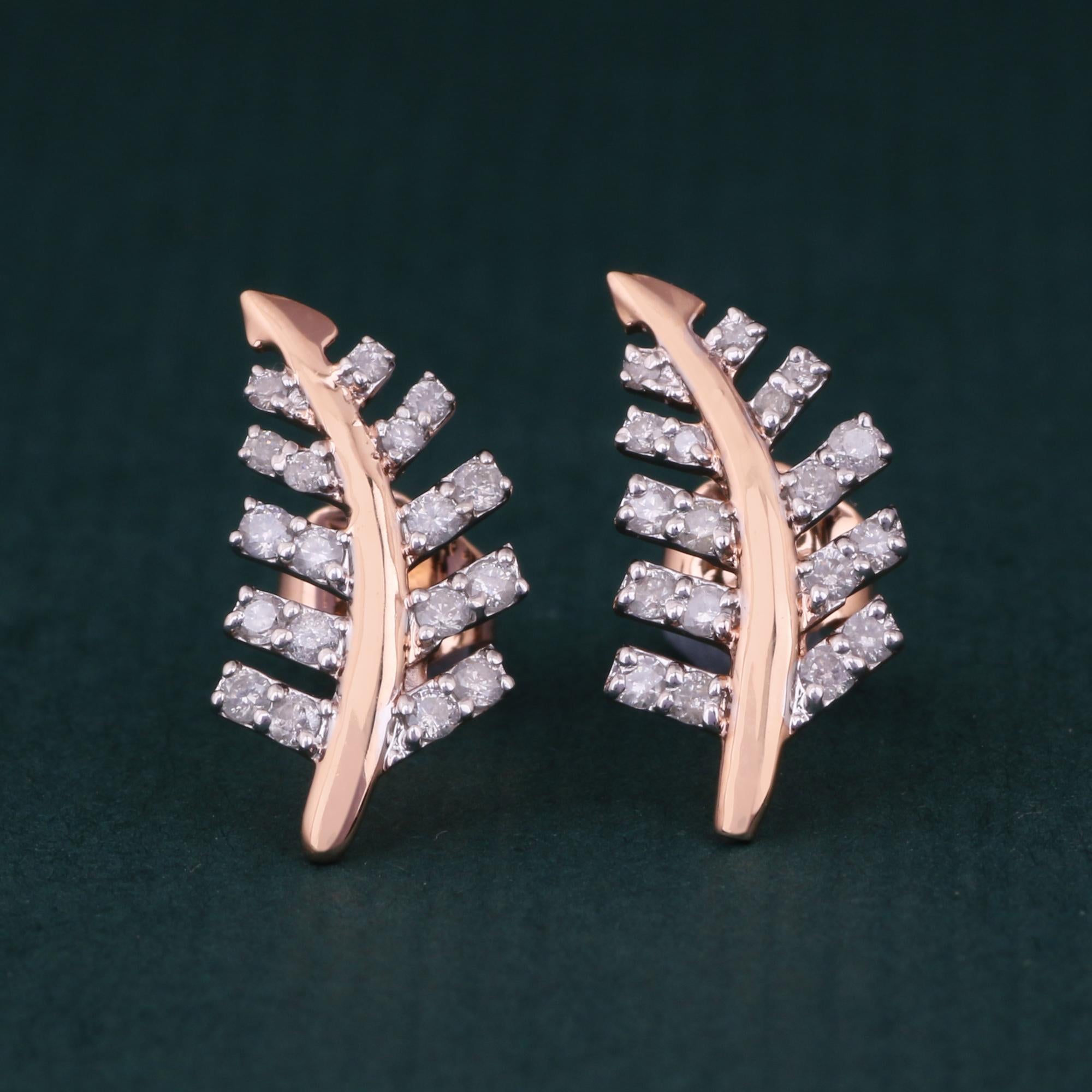 Brilliant Cut IGI Certified 0.239 Carat Clear Diamond 14K Rose Gold Leaf Tinny Stud Earrings For Sale