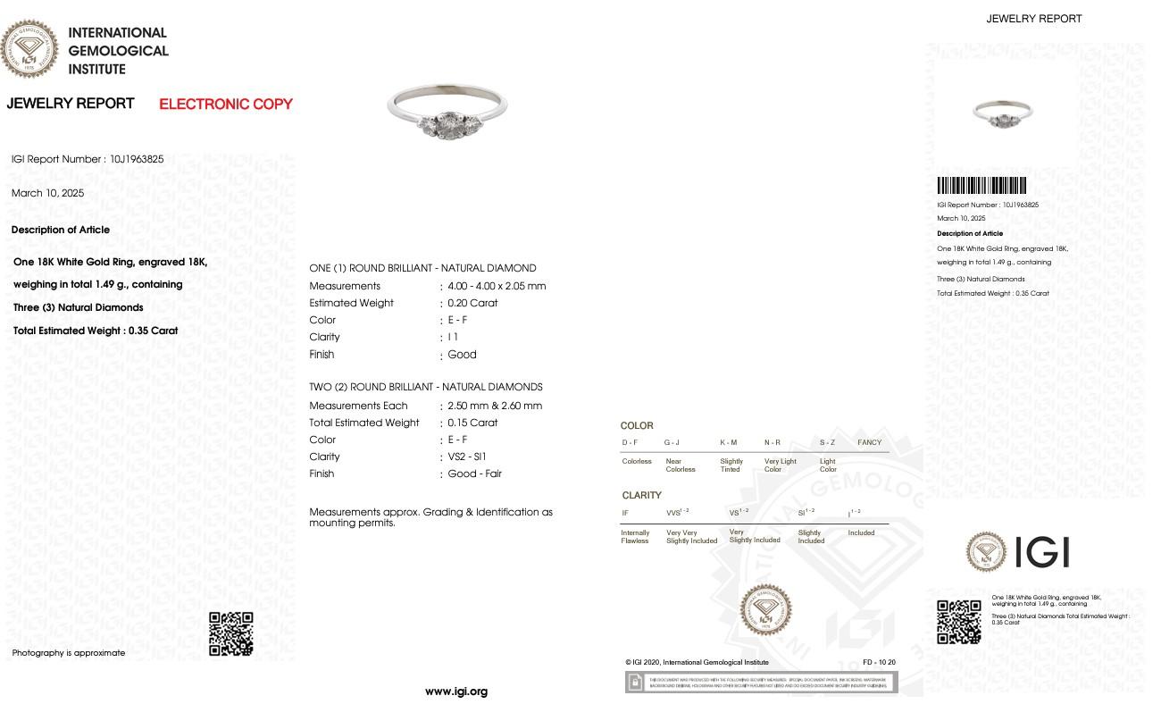 Bague de fiançailles à trois pierres en or blanc massif 18 carats avec diamant naturel certifié IGI de 0,35 carat en vente 5